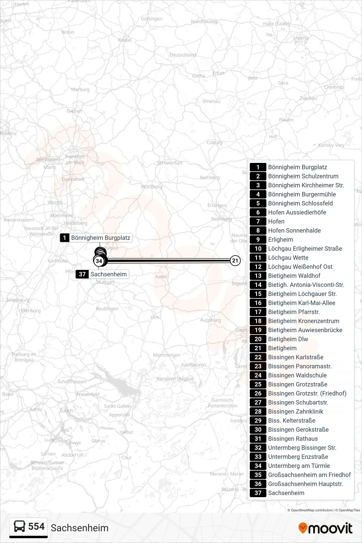Linie 554 (Bus) Richtung Sachsenheim: Route und Haltestellen auf der Karte