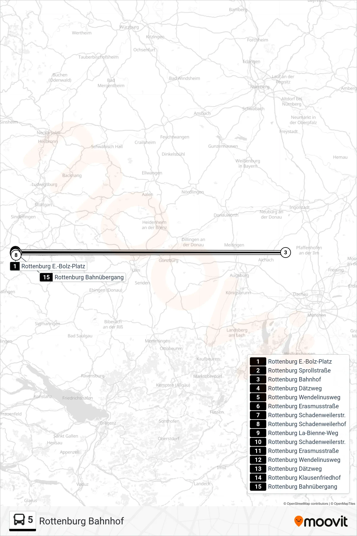 5 bus Line (Rottenburg Bahnhof) route and stops on a map