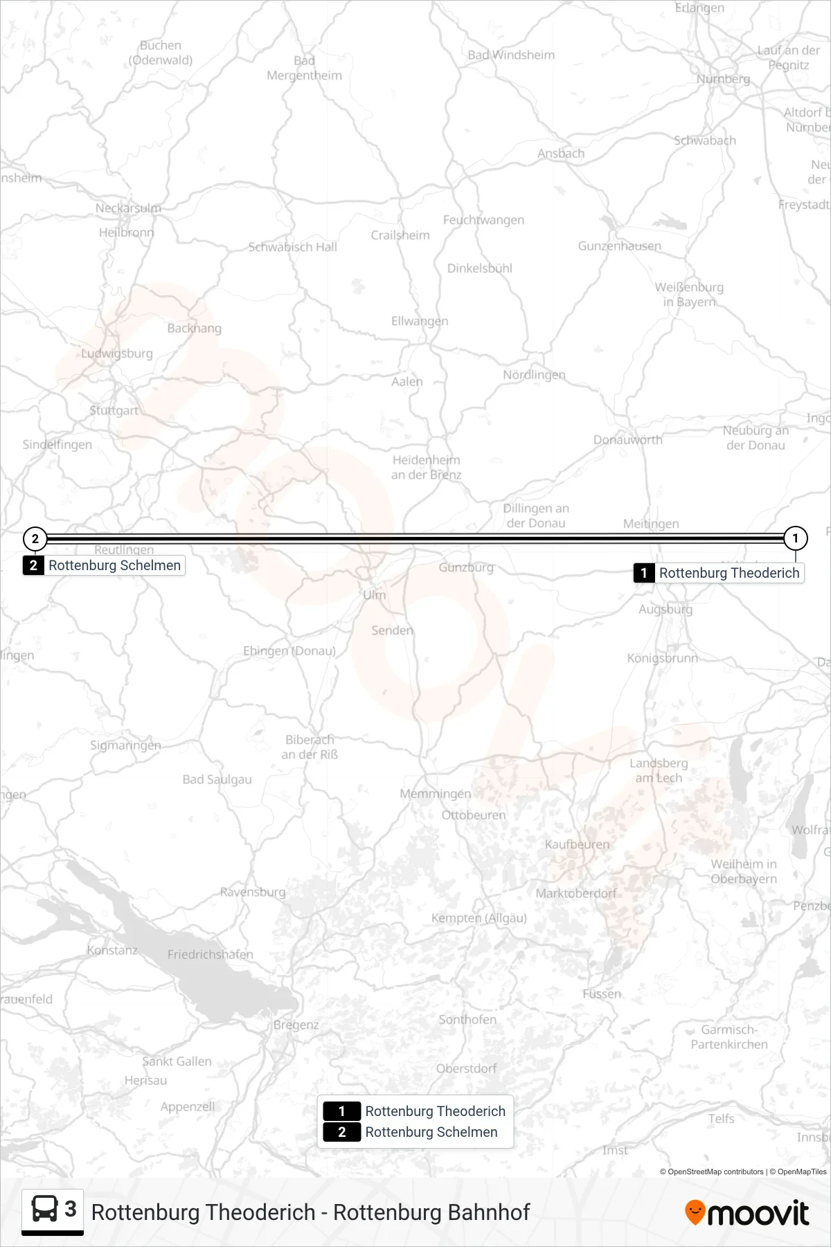 3 bus Line (Rottenburg Schelmen) route and stops on a map