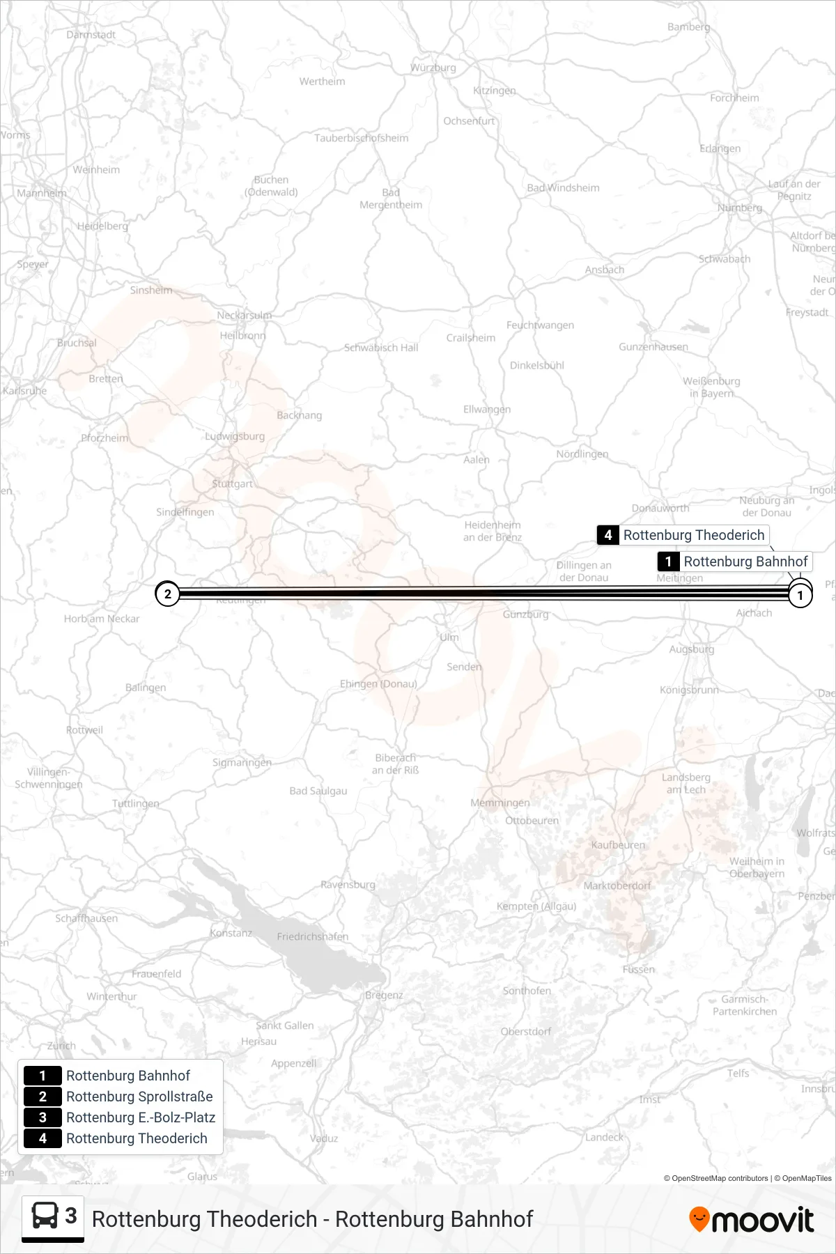 3 bus Line (Rottenburg Theoderich) route and stops on a map