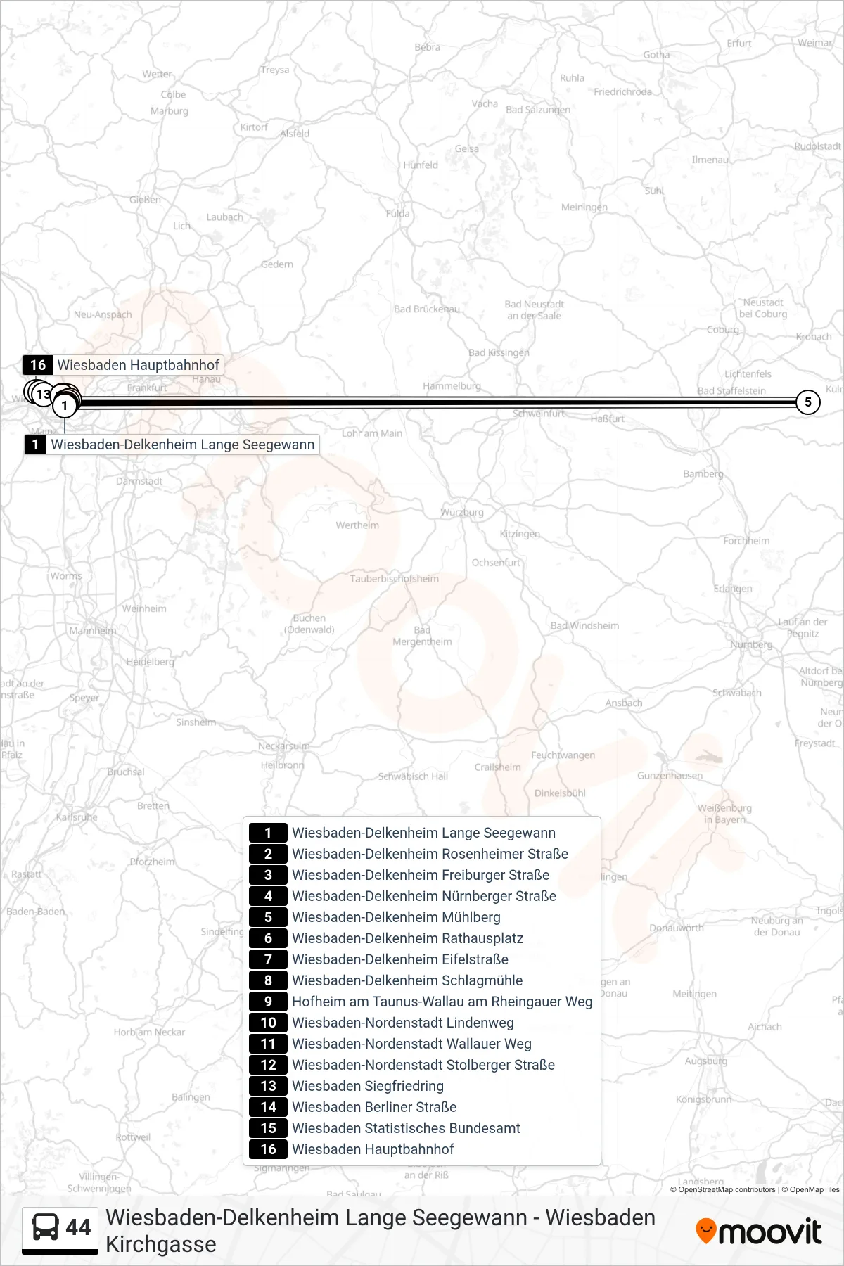 44 bus Line (Wiesbaden Hauptbahnhof) route and stops on a map