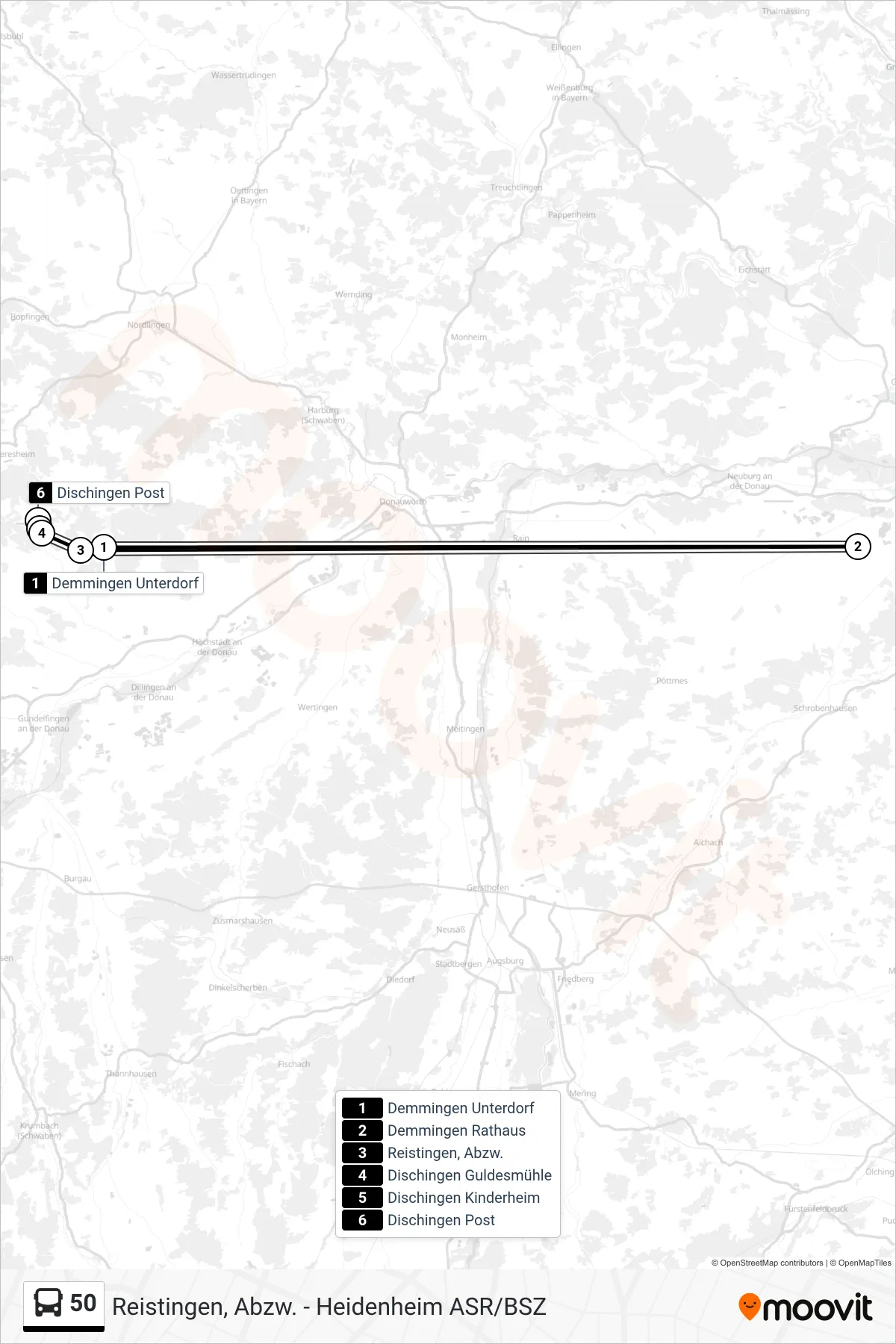 Linie 50 (Bus) Richtung Dischingen Post: Route und Haltestellen auf der Karte