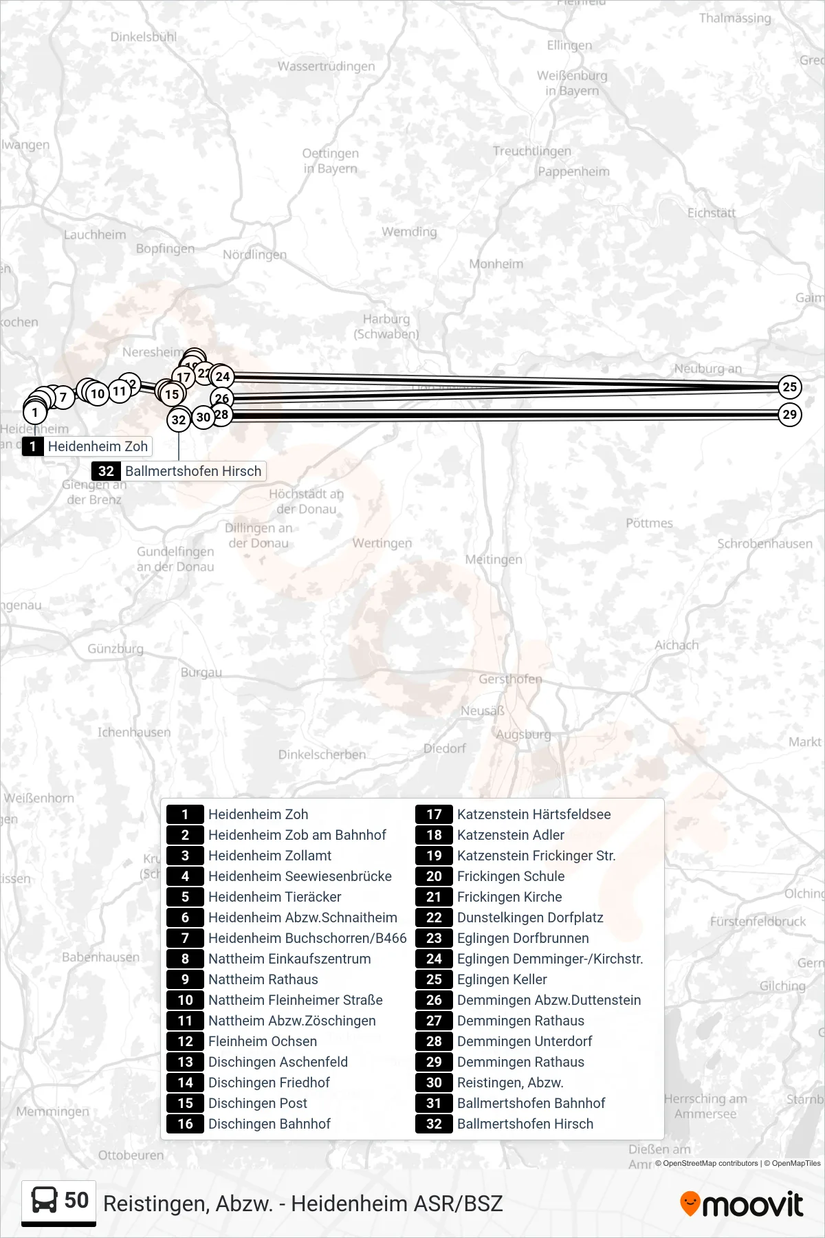 50 bus Line (Ballmertshofen Hirsch) route and stops on a map