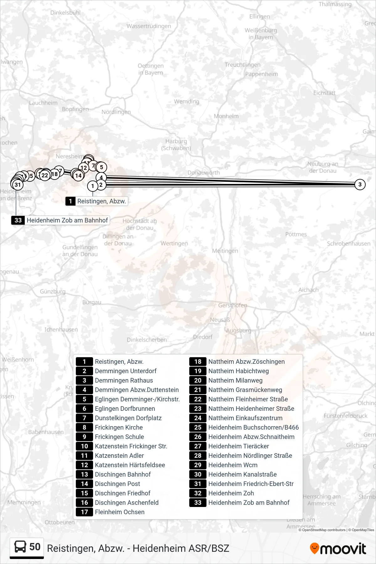 50 bus Line (Heidenheim Zob am Bahnhof) route and stops on a map