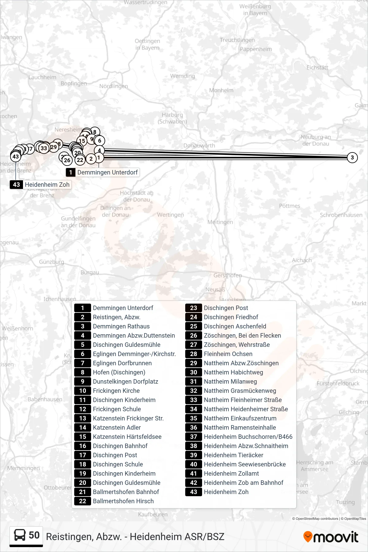 50 bus Line (Heidenheim Zoh) route and stops on a map