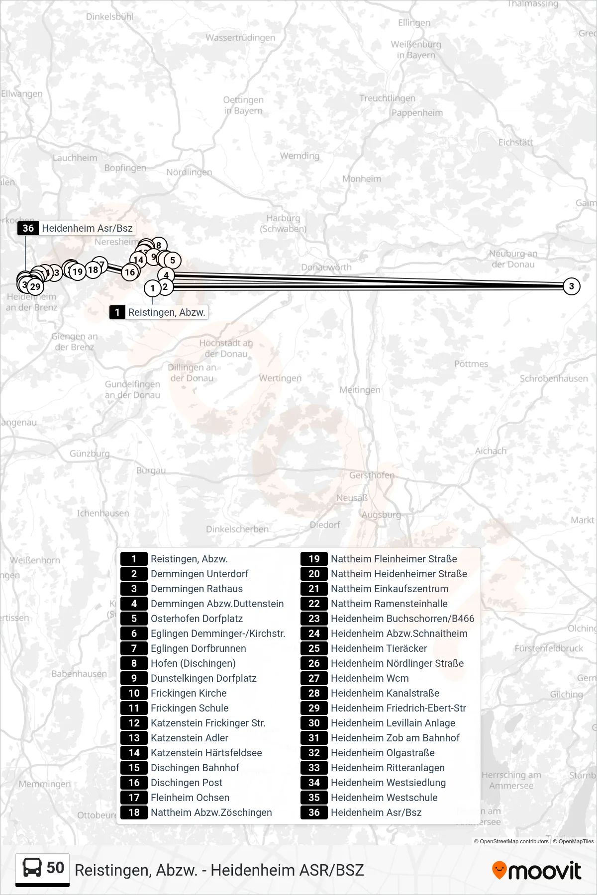50 bus Line (Heidenheim Asr/Bsz) route and stops on a map