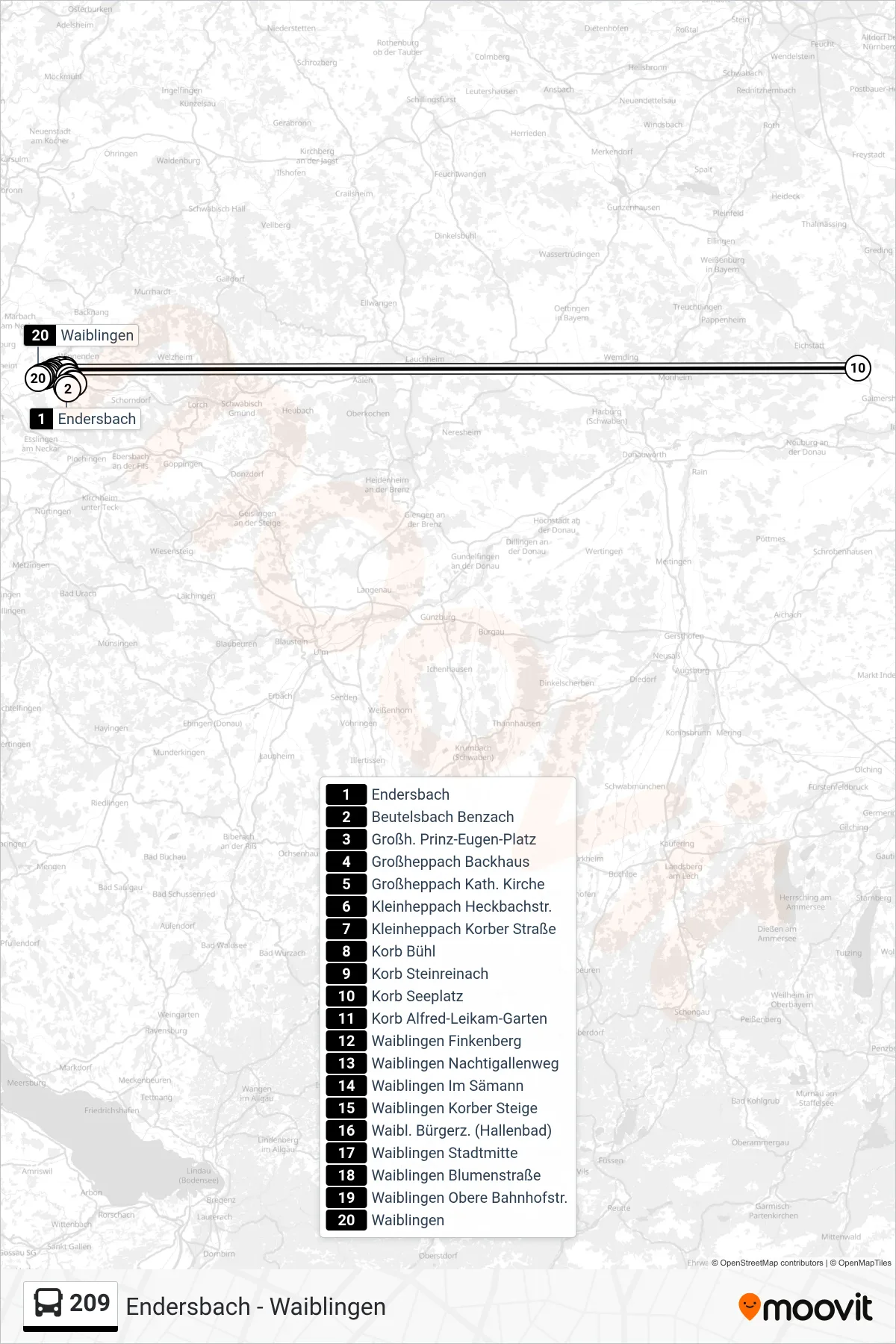 209 bus Line (Waiblingen) route and stops on a map