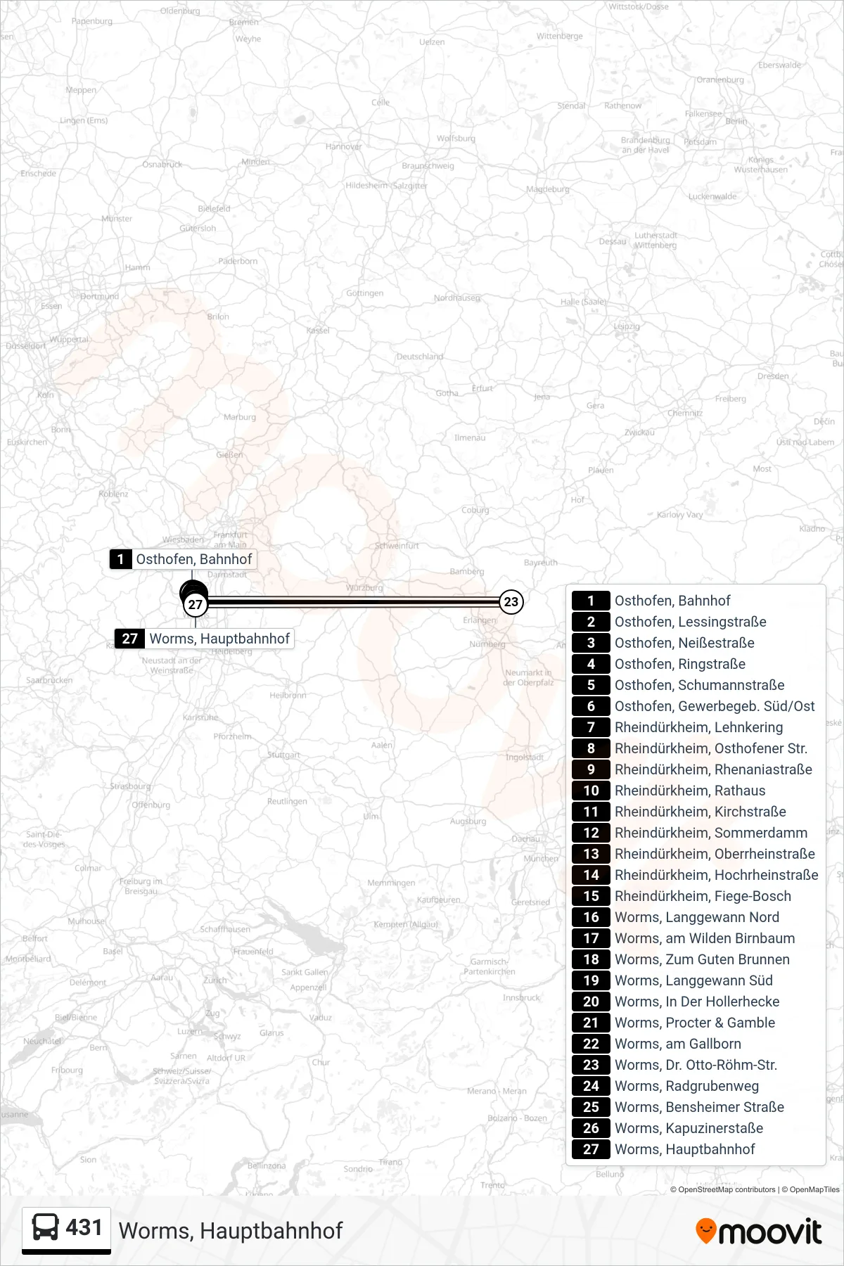 431 bus Line (Worms, Hauptbahnhof) route and stops on a map