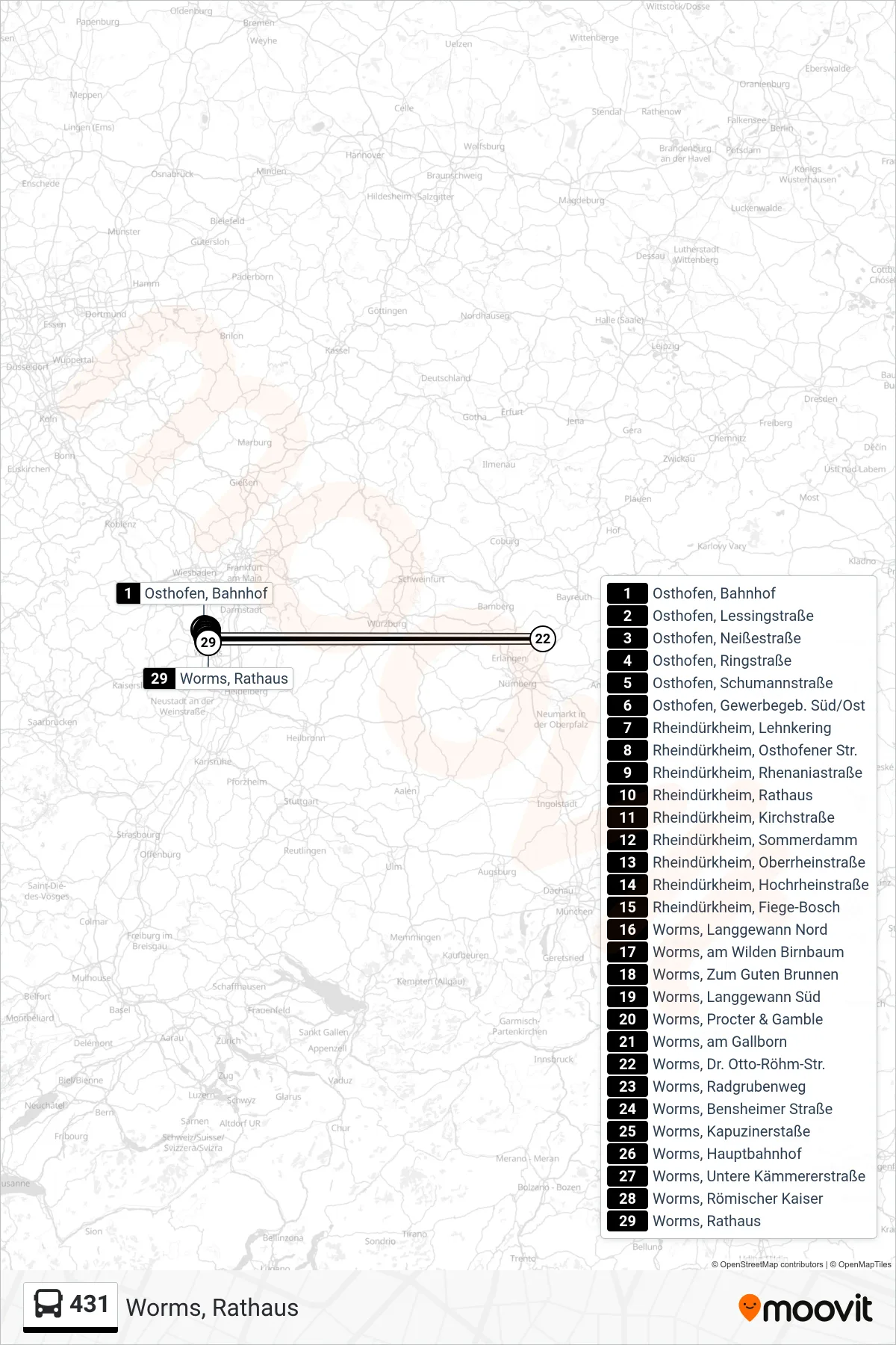 431 bus Line (Worms, Rathaus) route and stops on a map