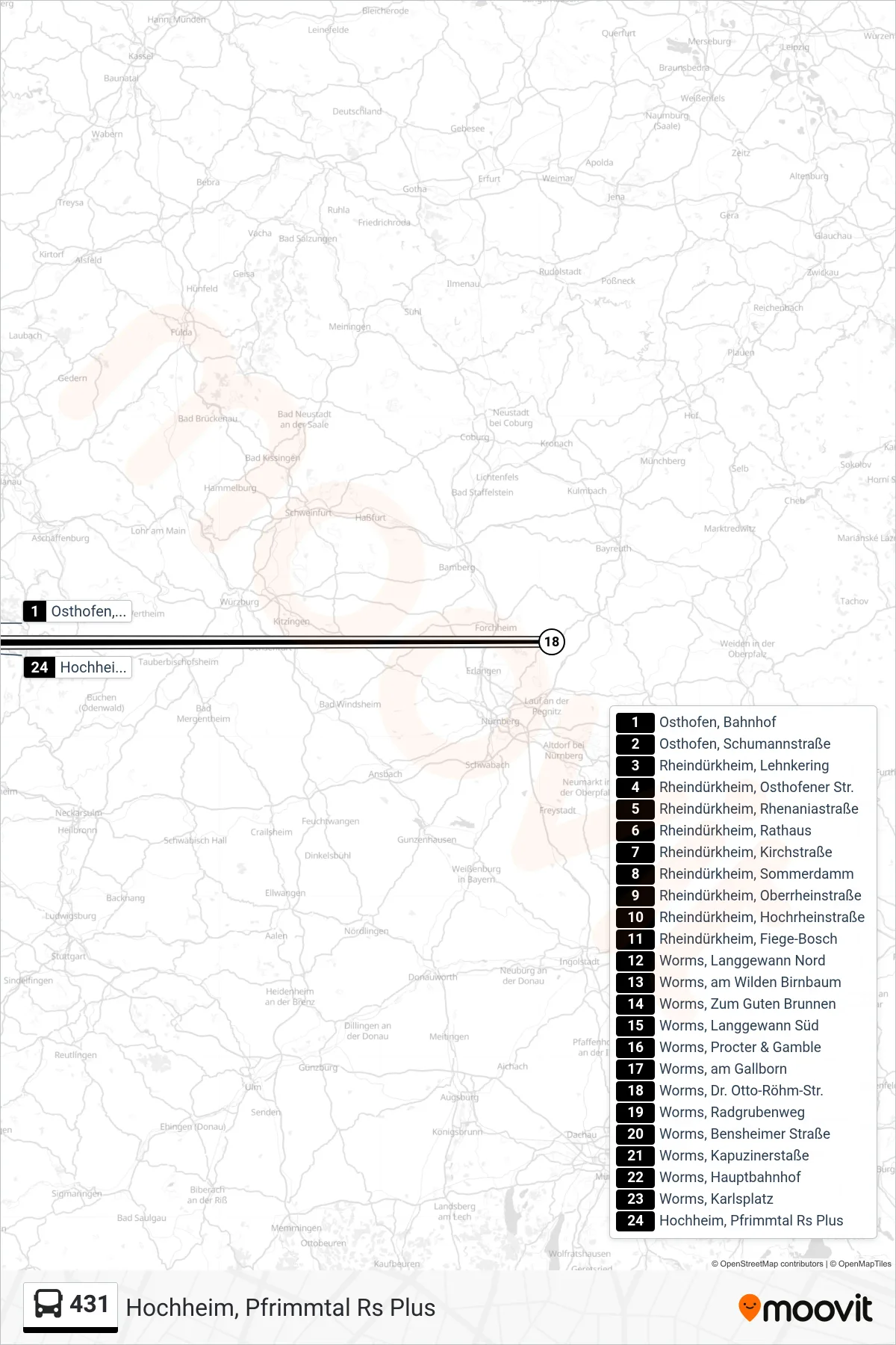 431 bus Line (Hochheim, Pfrimmtal Rs Plus) route and stops on a map