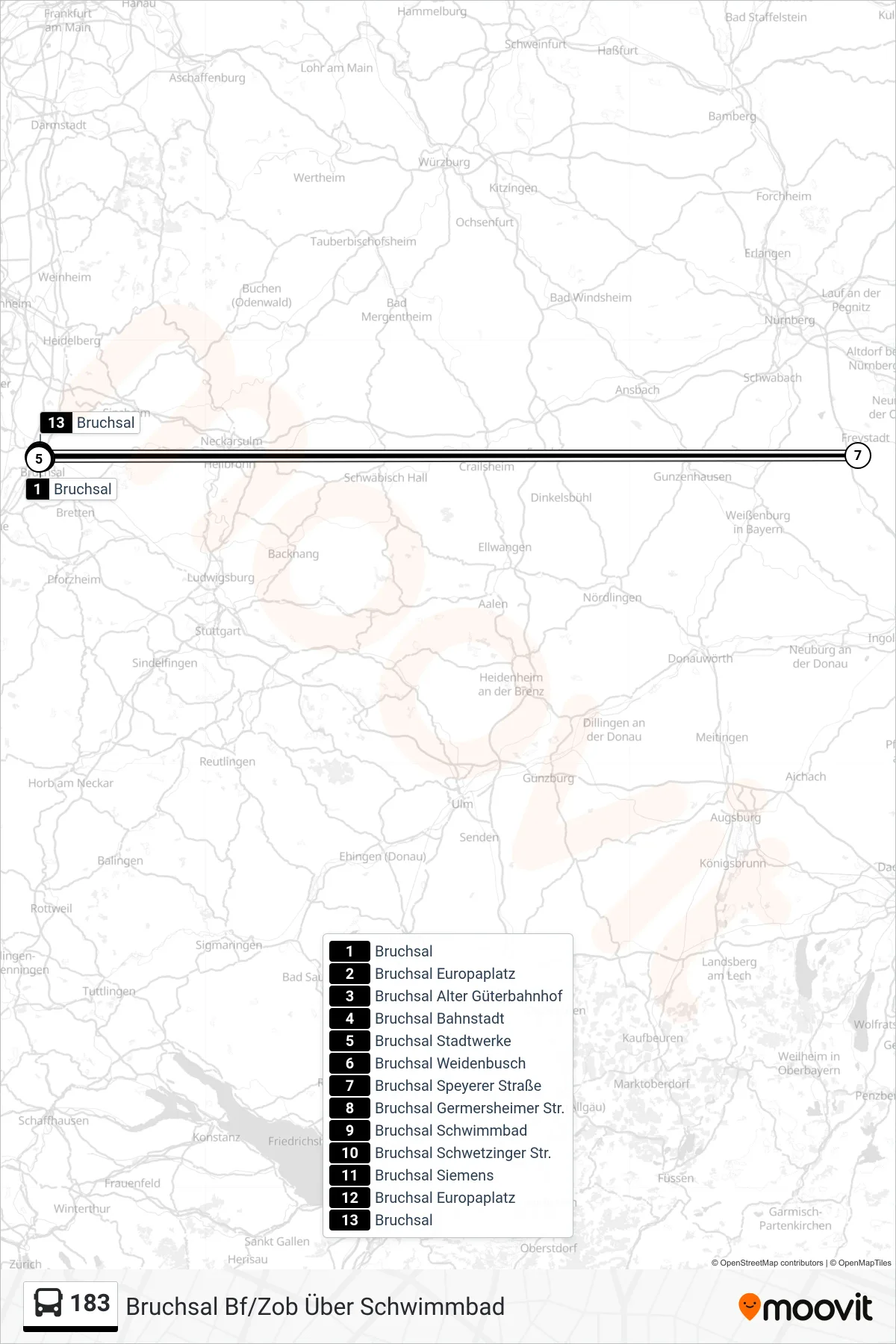 183 bus Line (Bruchsal Bf/Zob Über Schwimmbad) route and stops on a map
