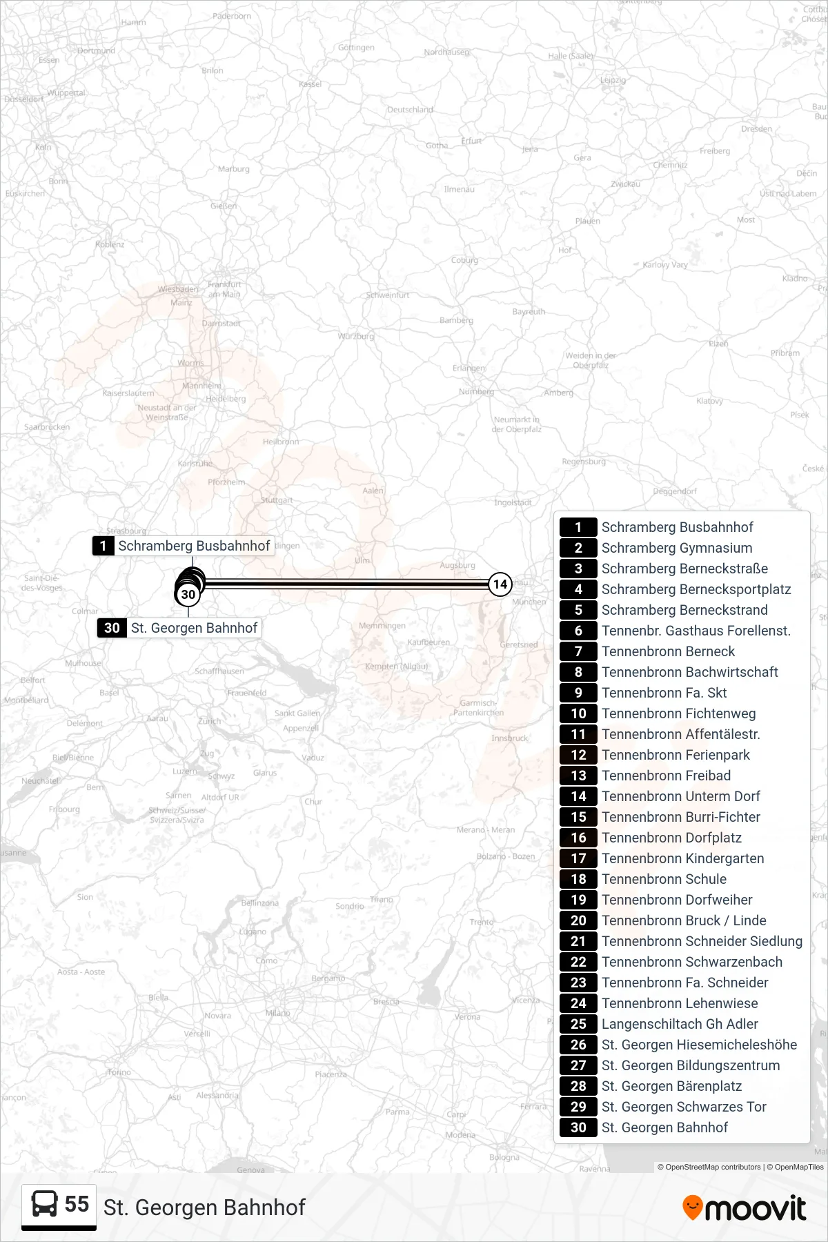 55 bus Line (St. Georgen Bahnhof) route and stops on a map