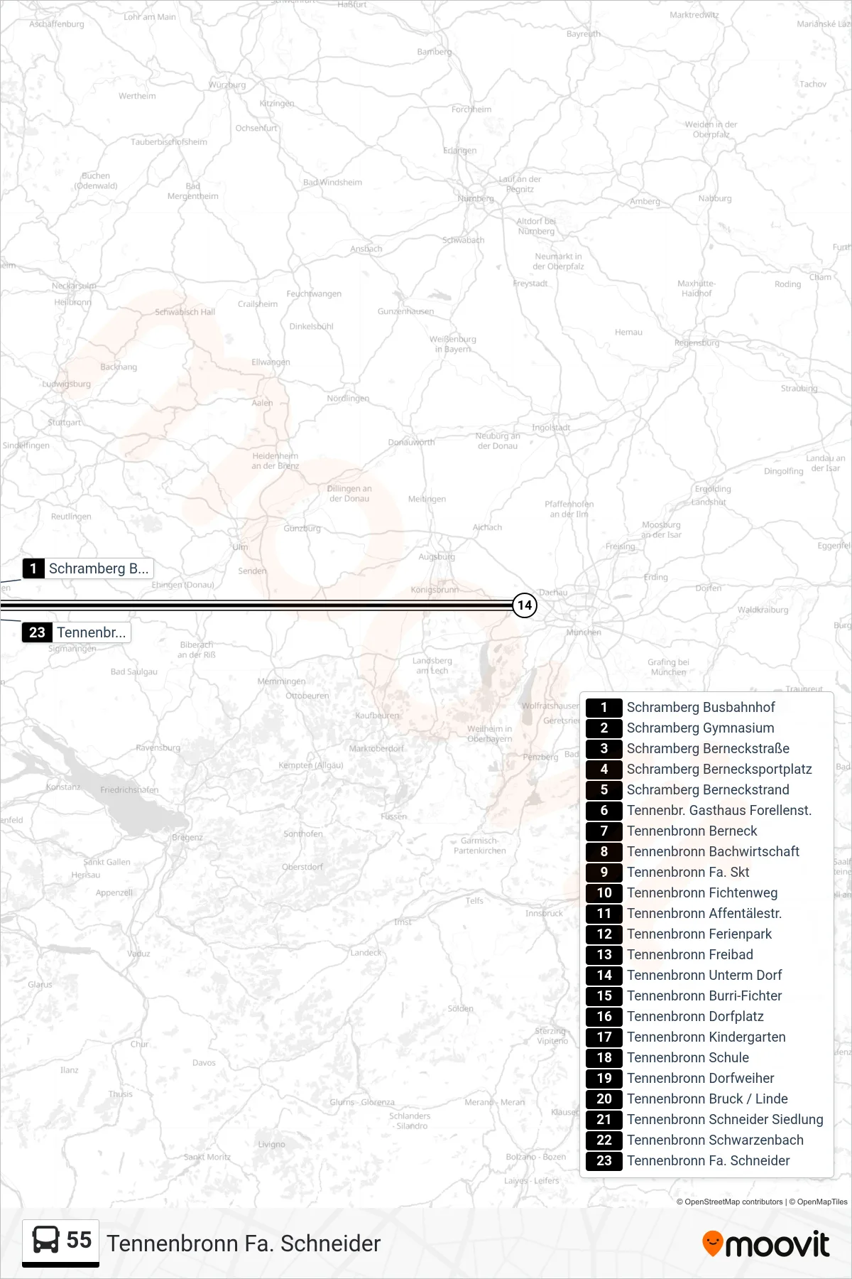 55 bus Line (Tennenbronn Fa. Schneider) route and stops on a map