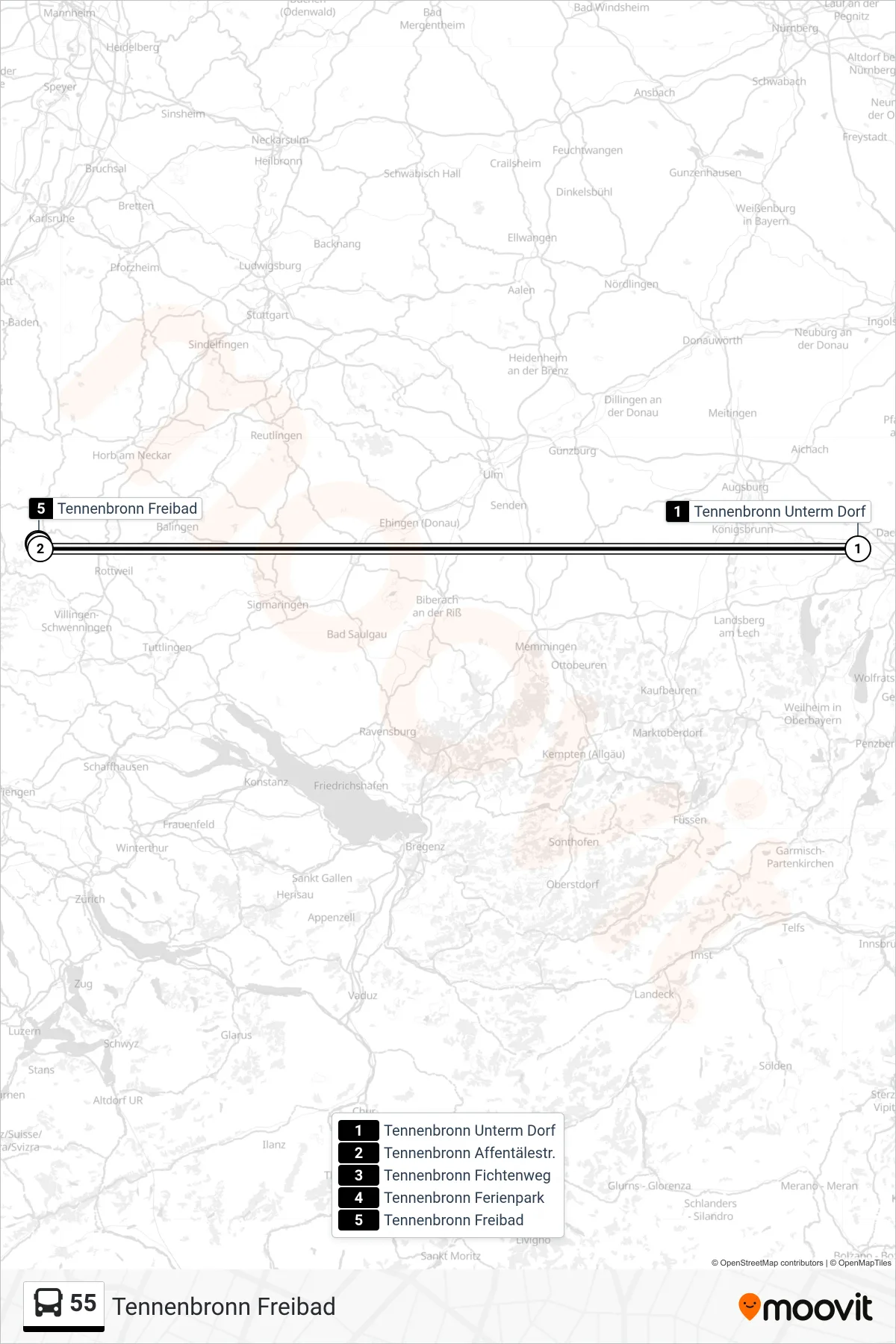 55 bus Line (Tennenbronn Freibad) route and stops on a map