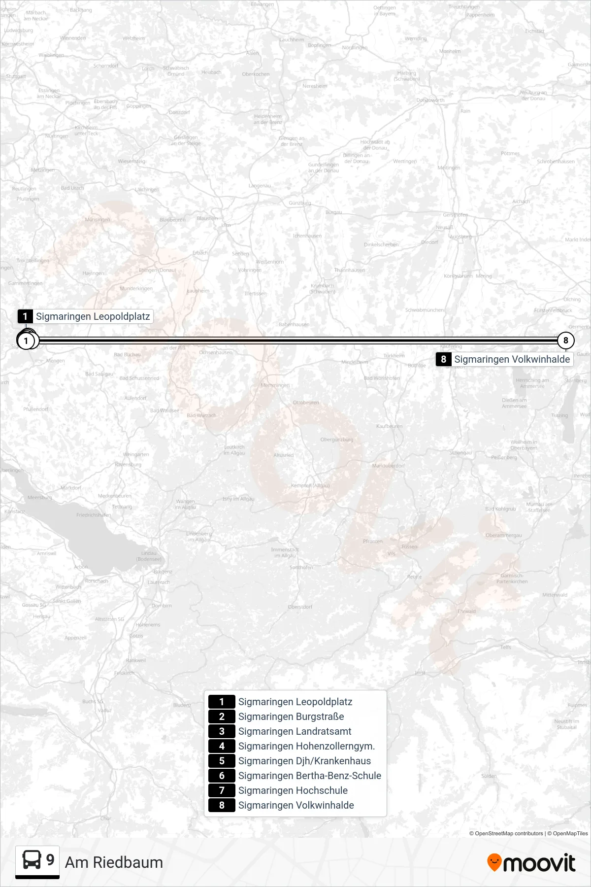 9 bus Line (Am Riedbaum) route and stops on a map