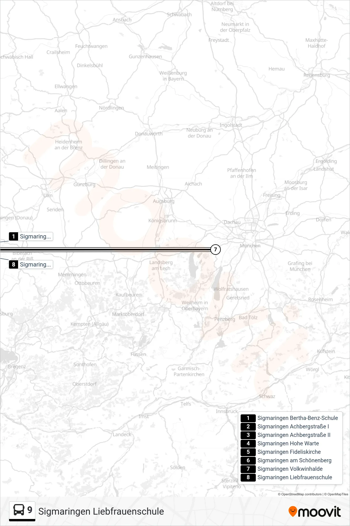 9 bus Line (Sigmaringen Liebfrauenschule) route and stops on a map