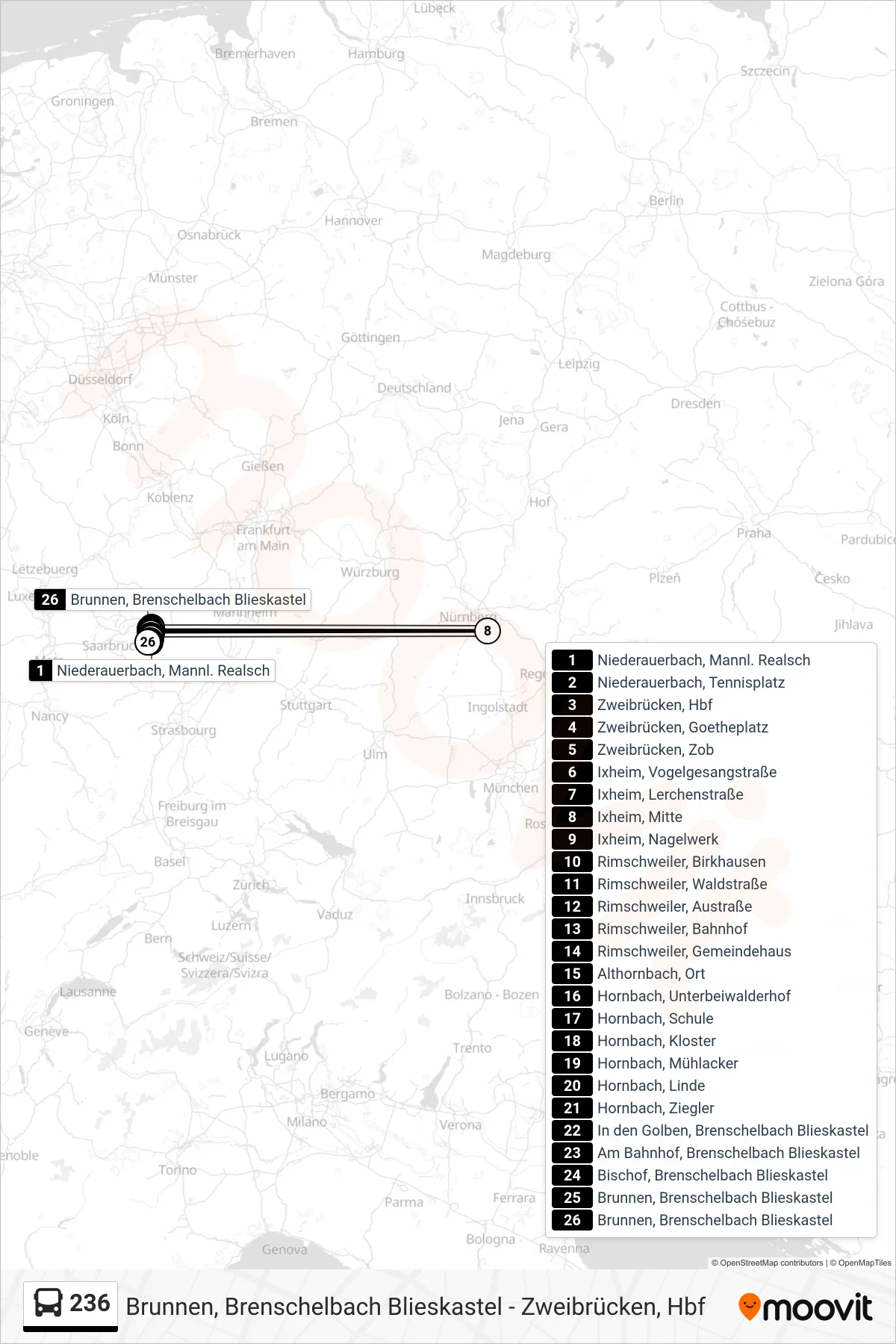 236 bus Line (Brunnen, Brenschelbach Blieskastel) route and stops on a map
