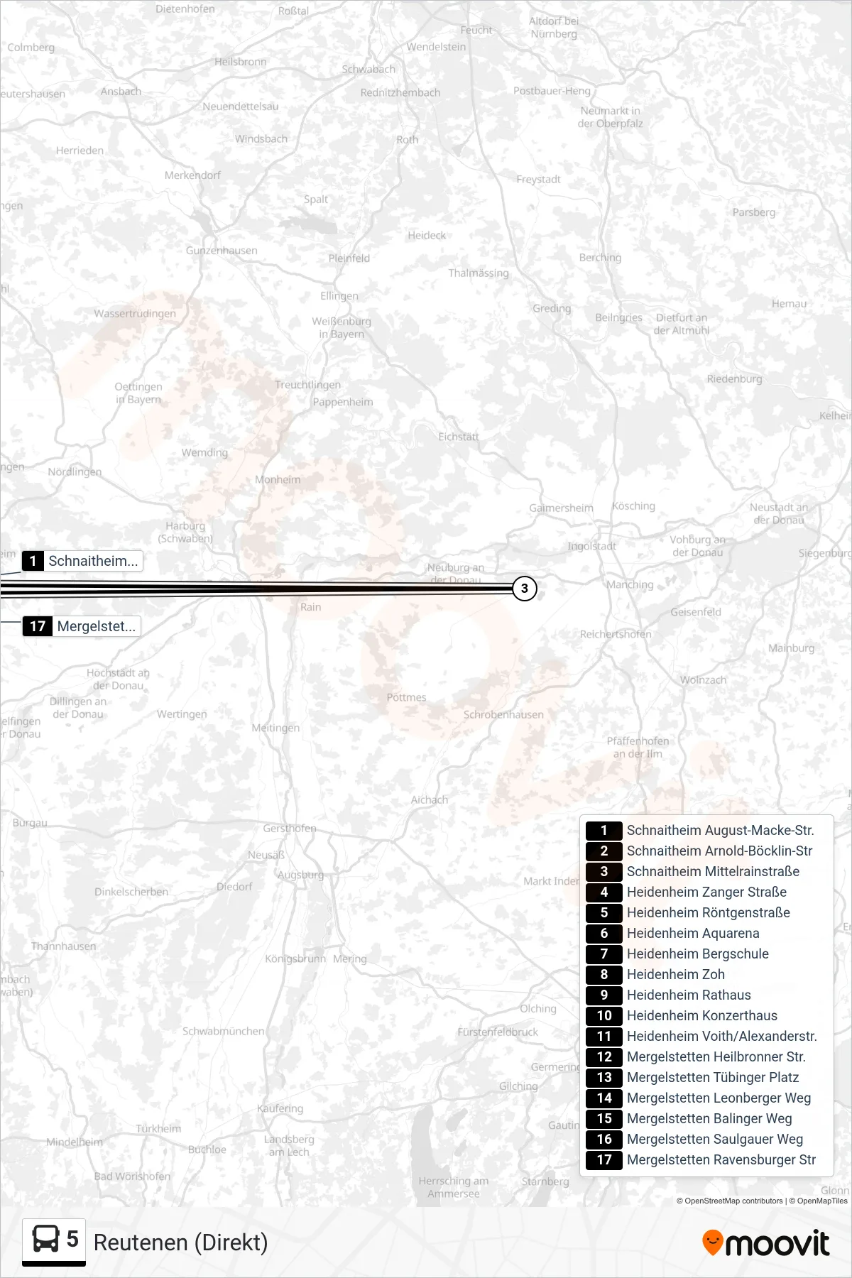 5 bus Line (Reutenen (Direkt)) route and stops on a map