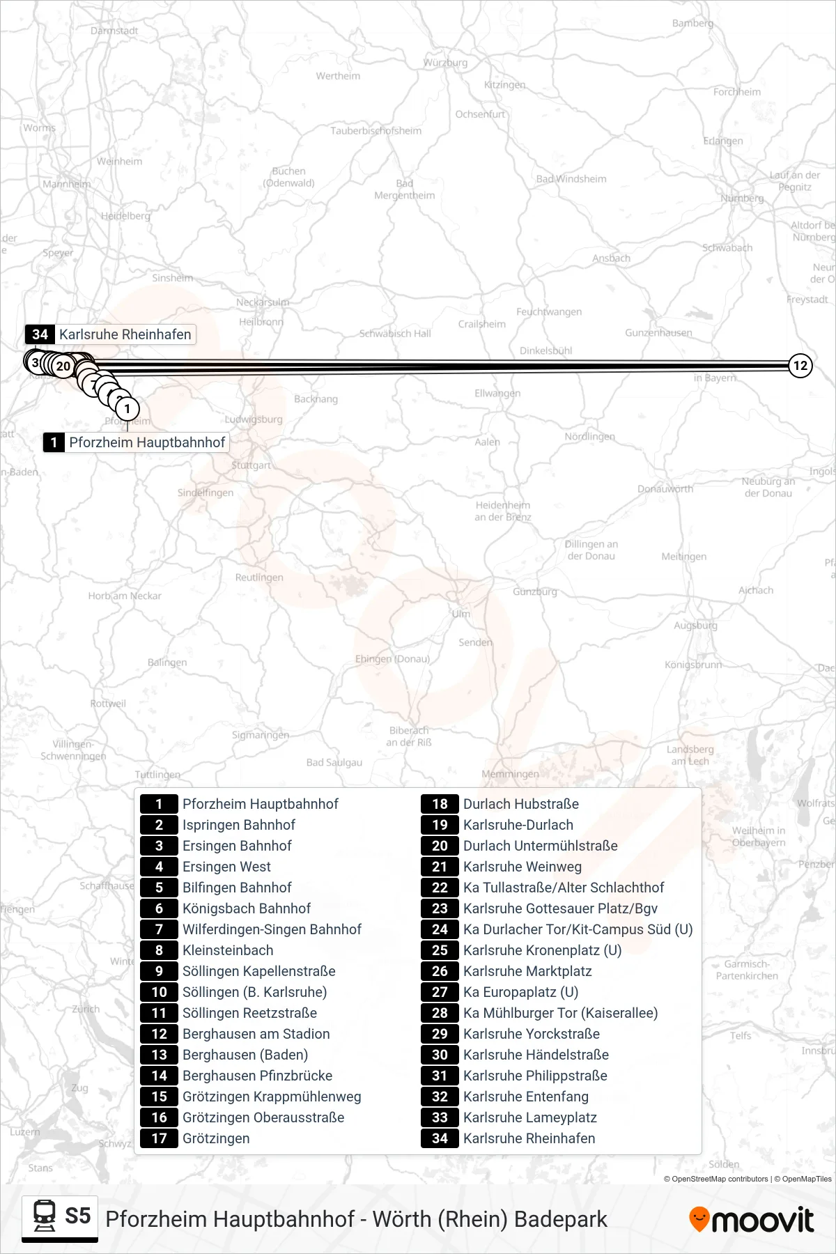 Linie S5 (Bahn) Richtung Karlsruhe Rheinhafen: Route und Haltestellen auf der Karte