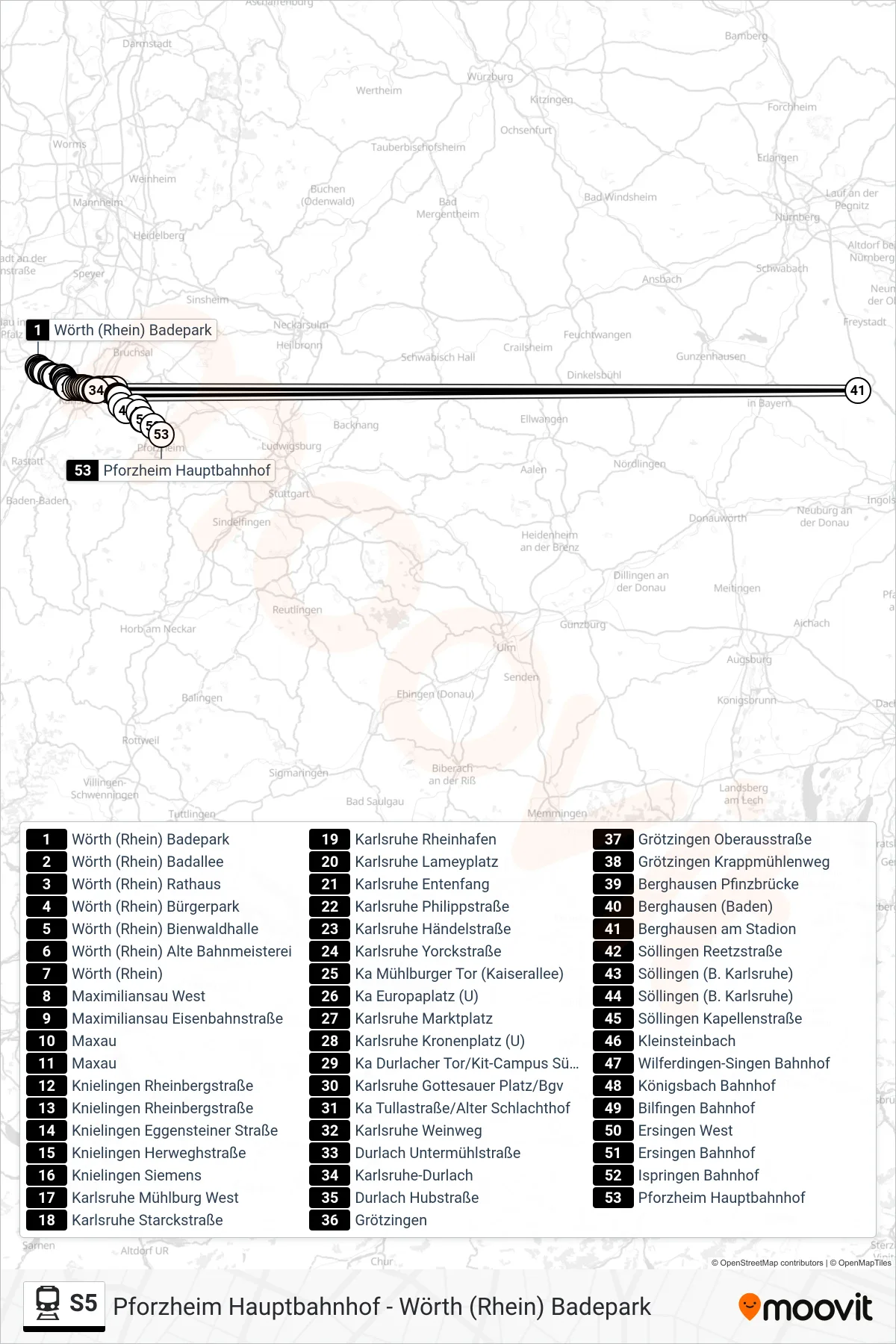 S5 train Line (Pforzheim Hauptbahnhof) route and stops on a map