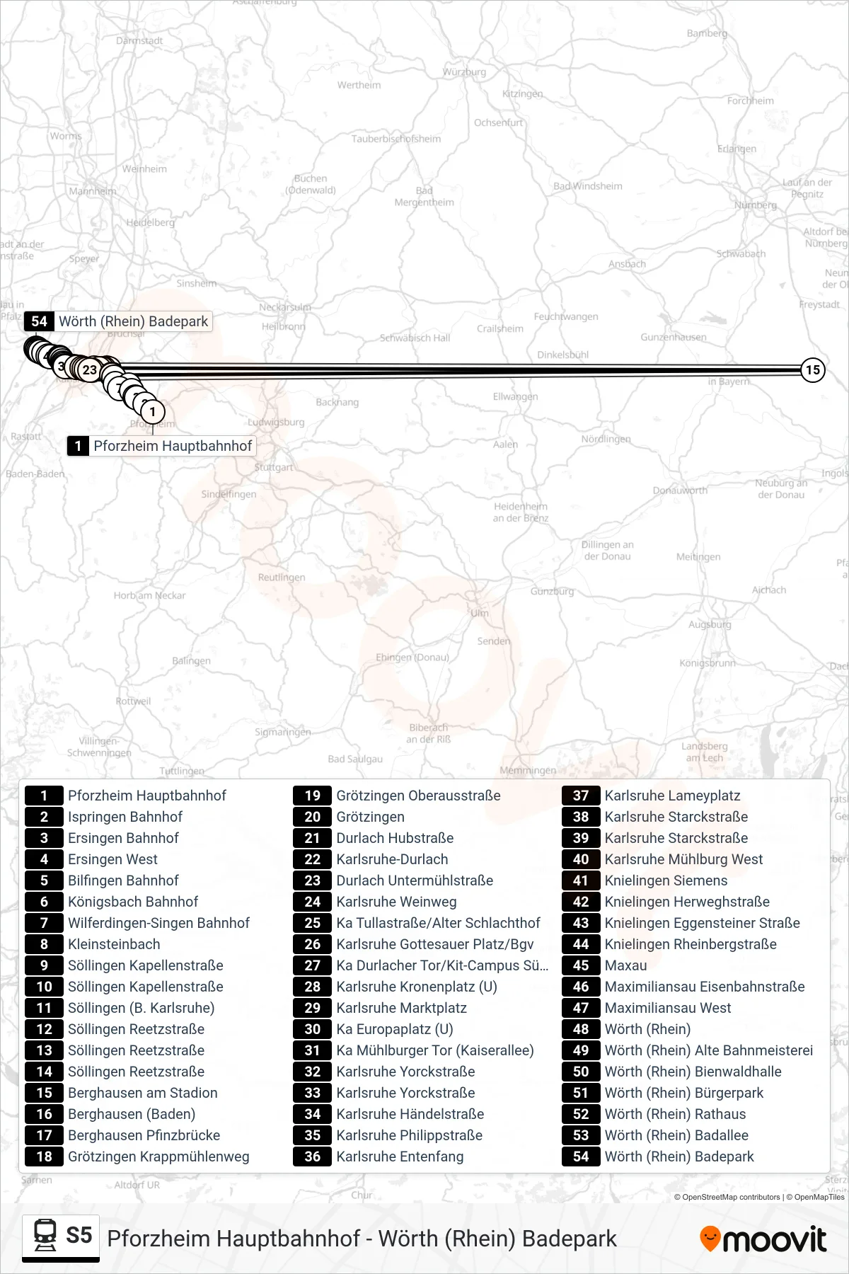 S5 rail Line (Wörth (Rhein) Badepark) route and stops on a map