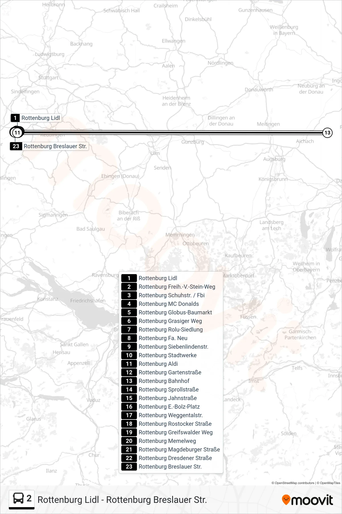 2 bus Line (Rottenburg Breslauer Str.) route and stops on a map