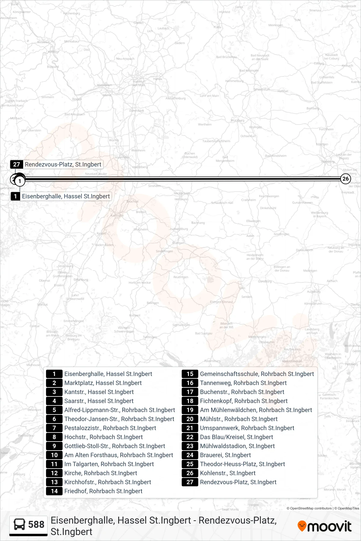 588 bus Line (St. Ingbert Rendezvous-Platz) route and stops on a map