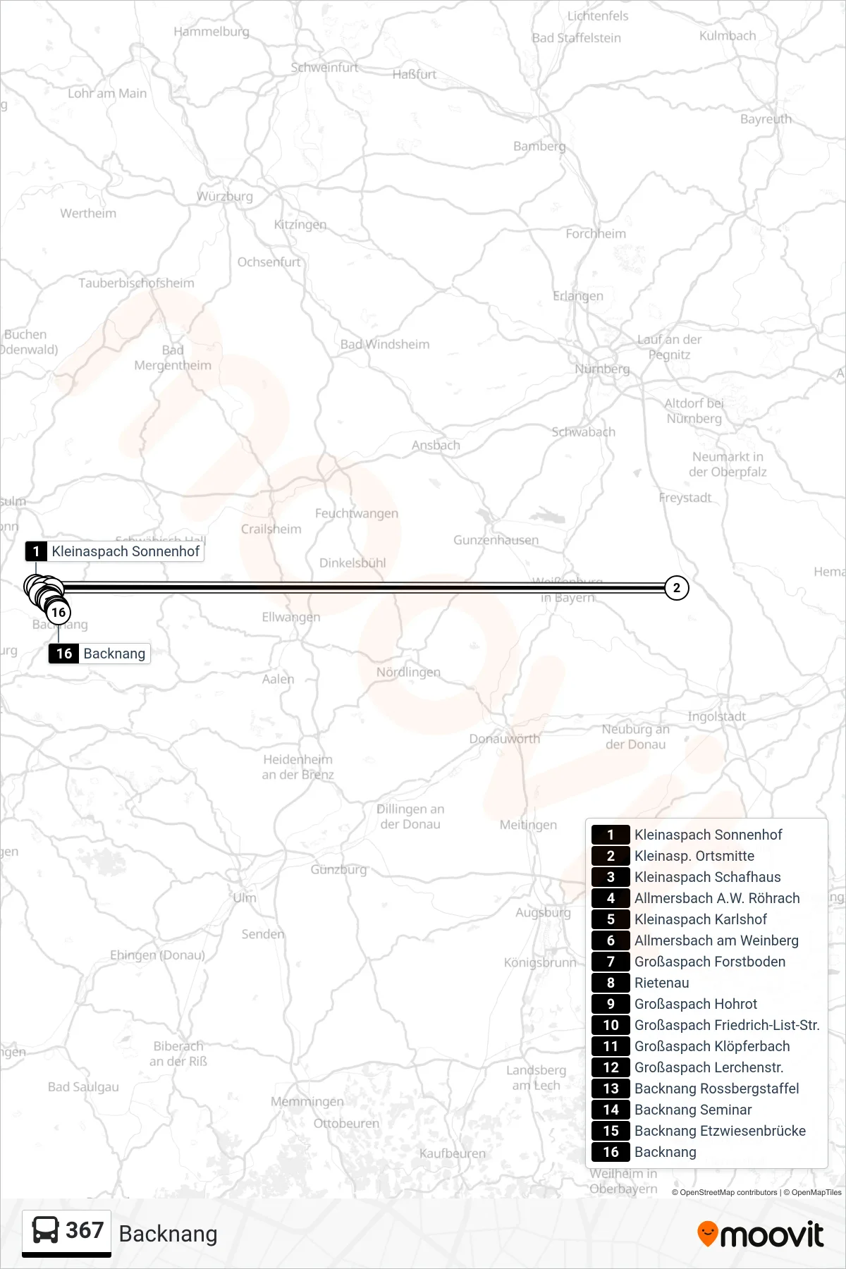 Linie 367 (Bus) Richtung Backnang: Route und Haltestellen auf der Karte