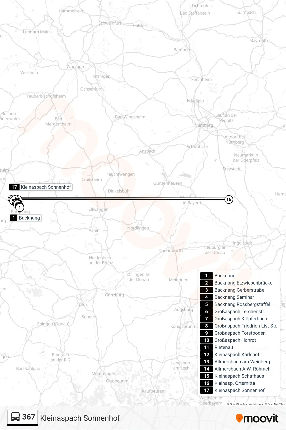 Linie 367 (Bus) Richtung Kleinaspach Sonnenhof: Route und Haltestellen auf der Karte