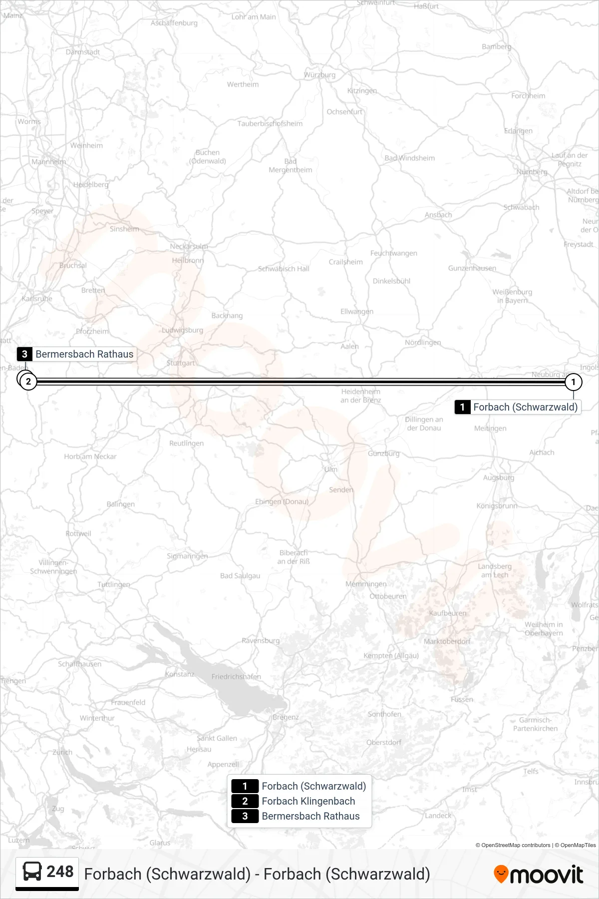 248 bus Line (Bermersbach Rathaus) route and stops on a map