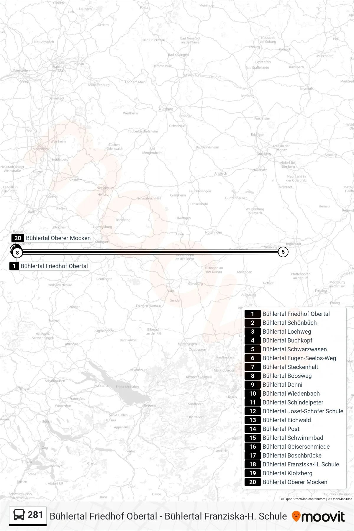 281 bus Line (Bühlertal Franziska-H. Schule) route and stops on a map