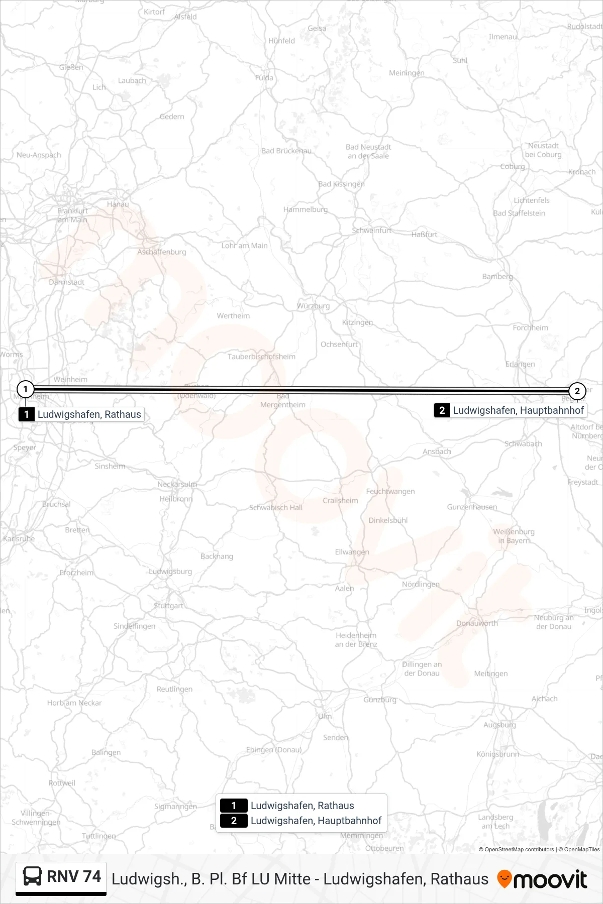 Linie RNV 74 (Bus) Richtung Ludwigshafen, Hauptbahnhof: Route und Haltestellen auf der Karte