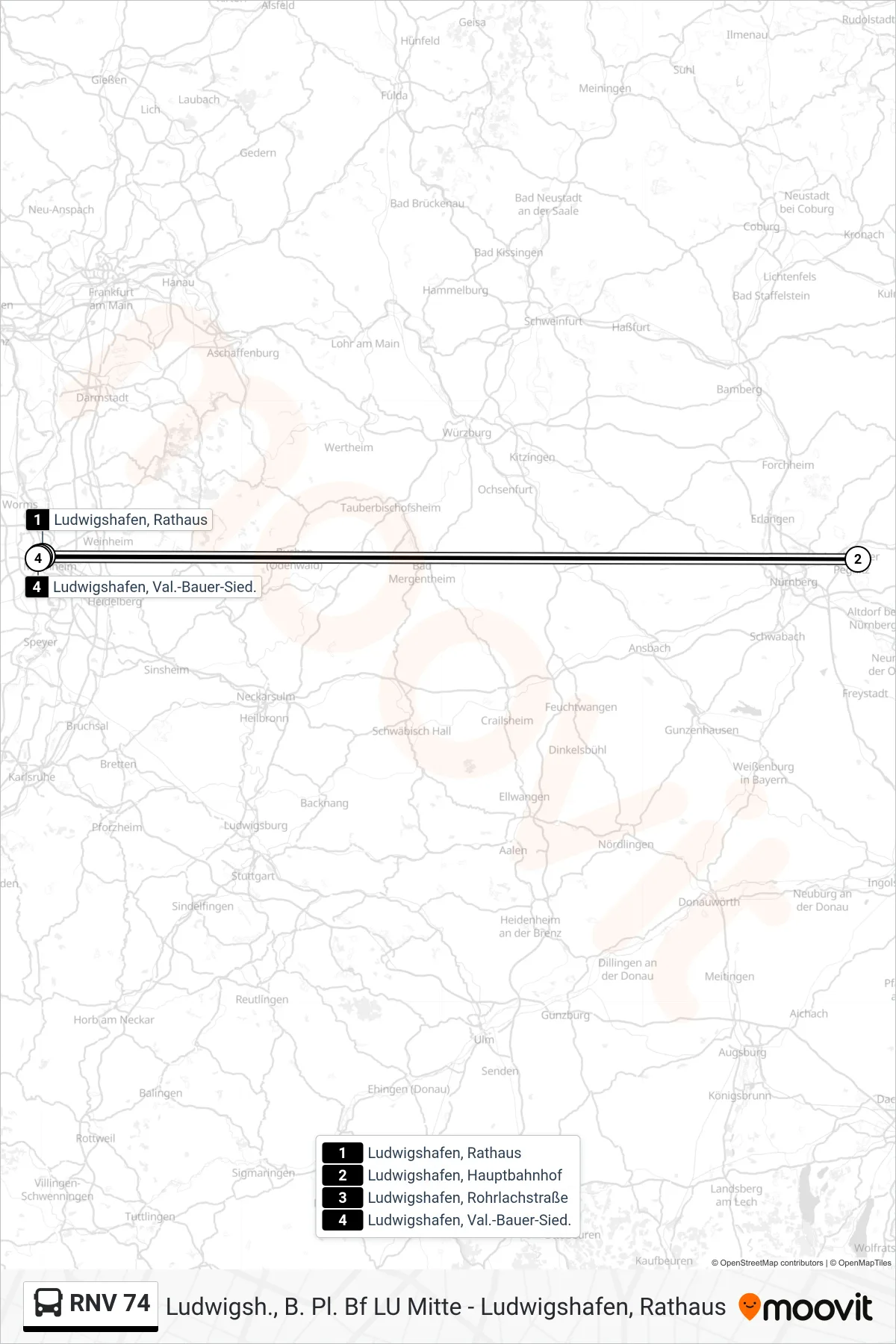 RNV 74 bus Line (Ludwigshafen, Val.-Bauer-Sied.) route and stops on a map