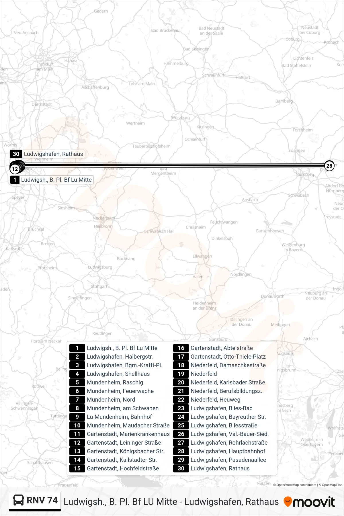RNV 74 bus Line (Ludwigshafen, Rathaus) route and stops on a map
