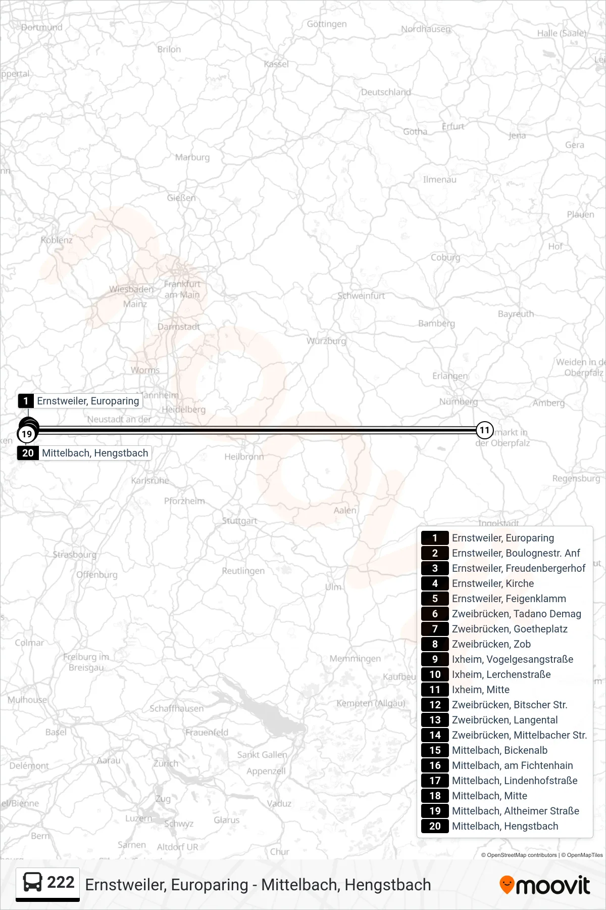 Linie 222 (Bus) Richtung Mittelbach, Hengstbach: Route und Haltestellen auf der Karte