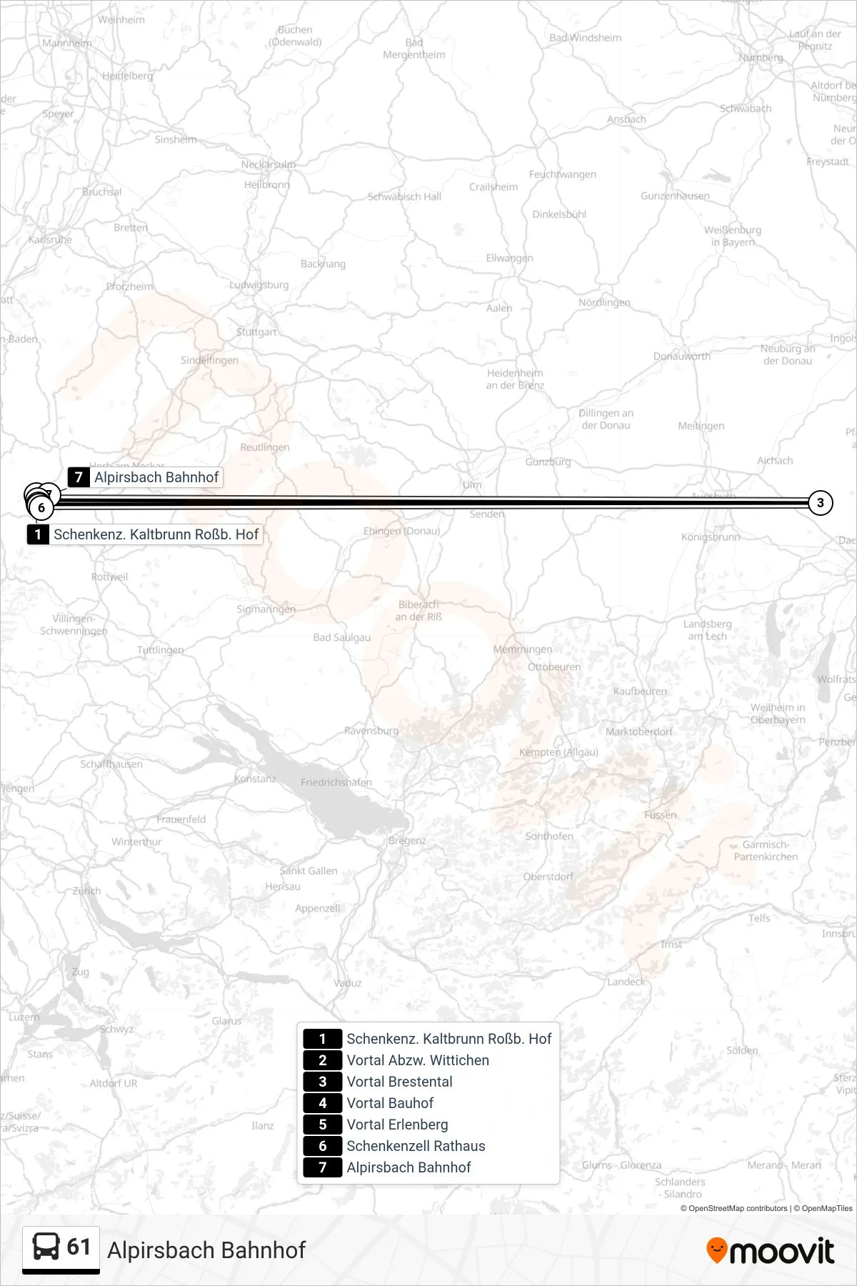 61 bus Line (Alpirsbach Bahnhof) route and stops on a map