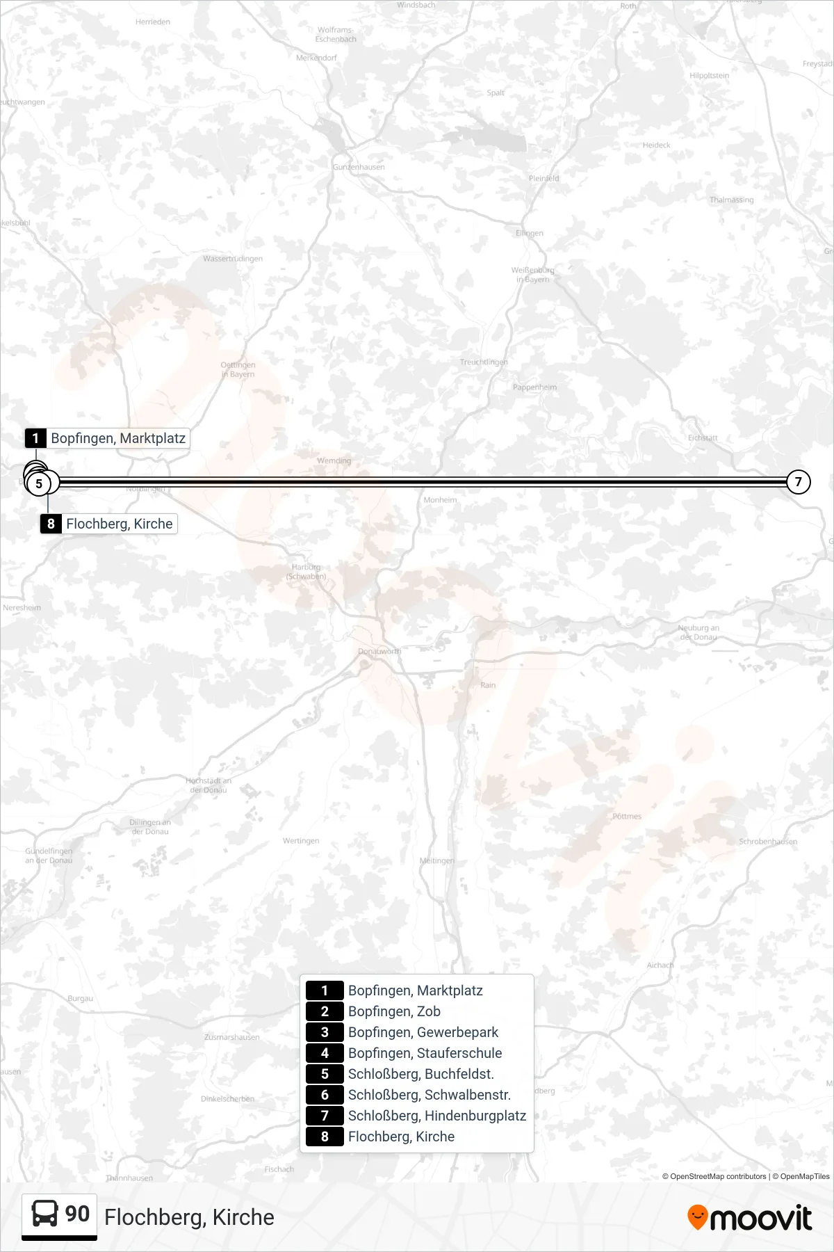 90 bus Line (Flochberg, Kirche) route and stops on a map