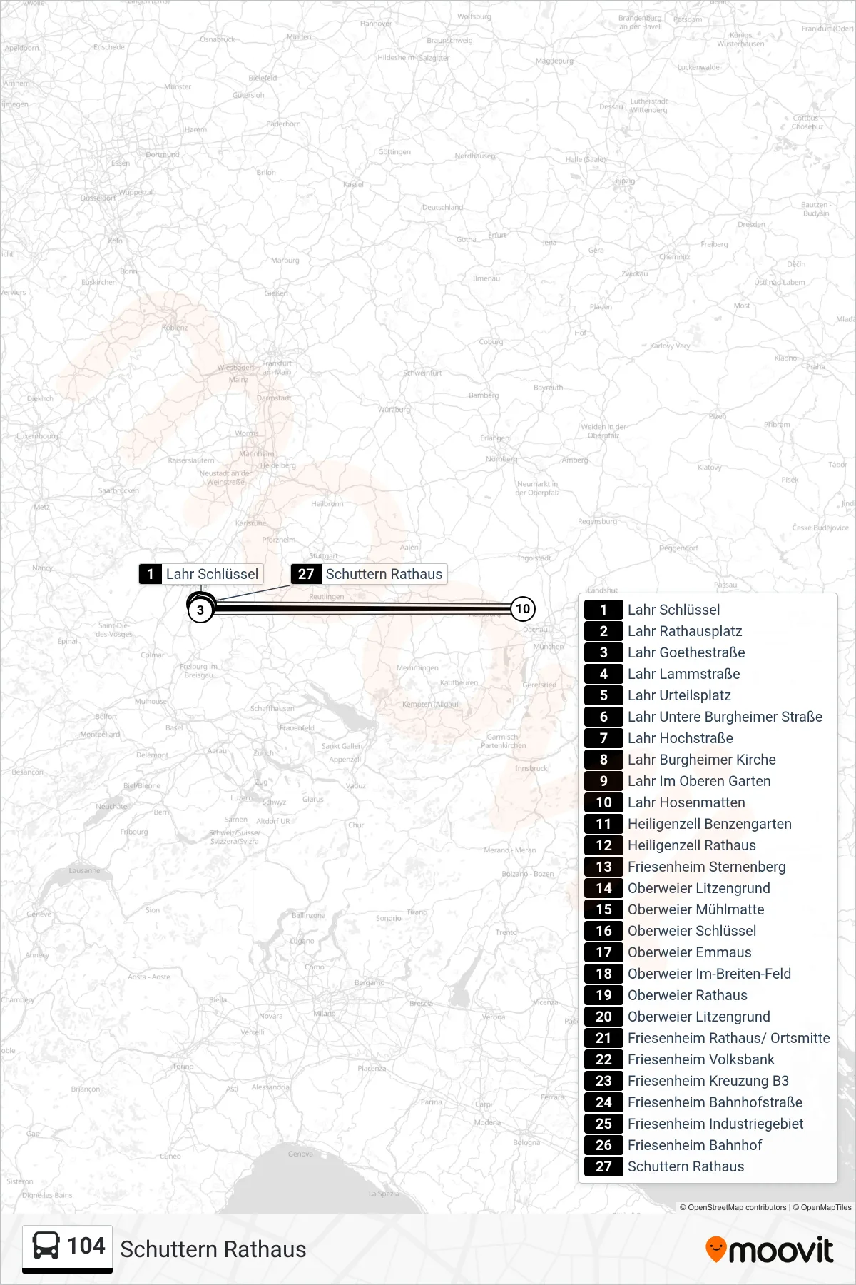 104 bus Line (Schuttern Rathaus) route and stops on a map