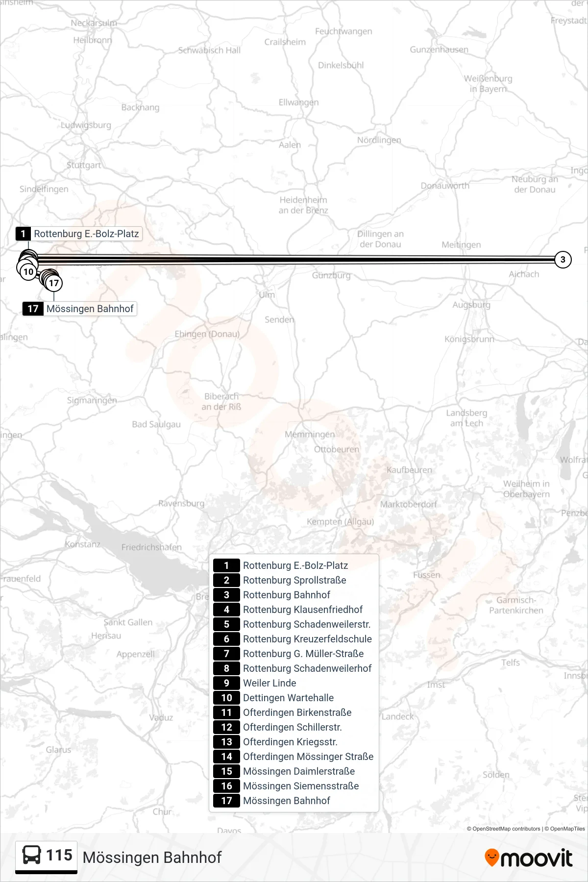 115 bus Line (Mössingen Bahnhof) route and stops on a map