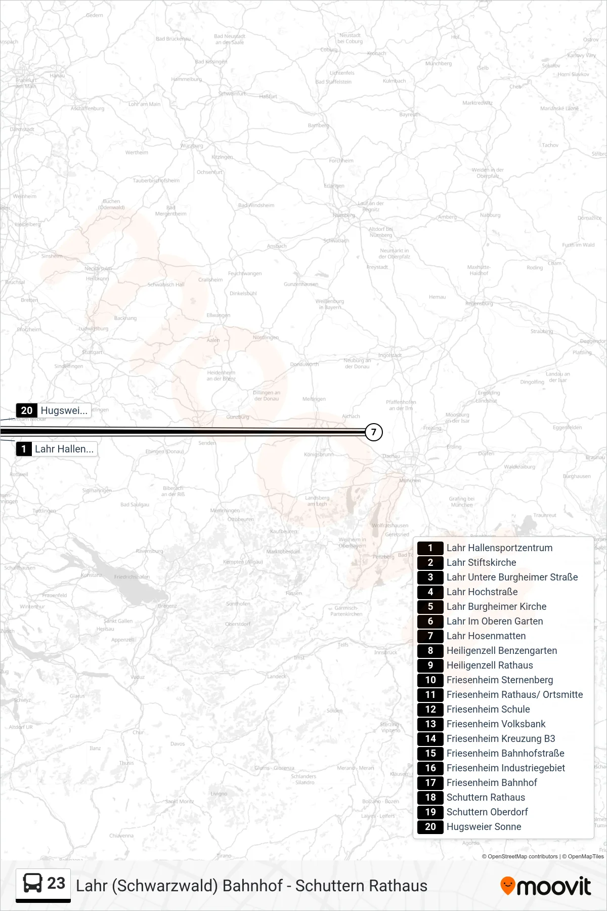 23 bus Line (Hugsweier Sonne) route and stops on a map