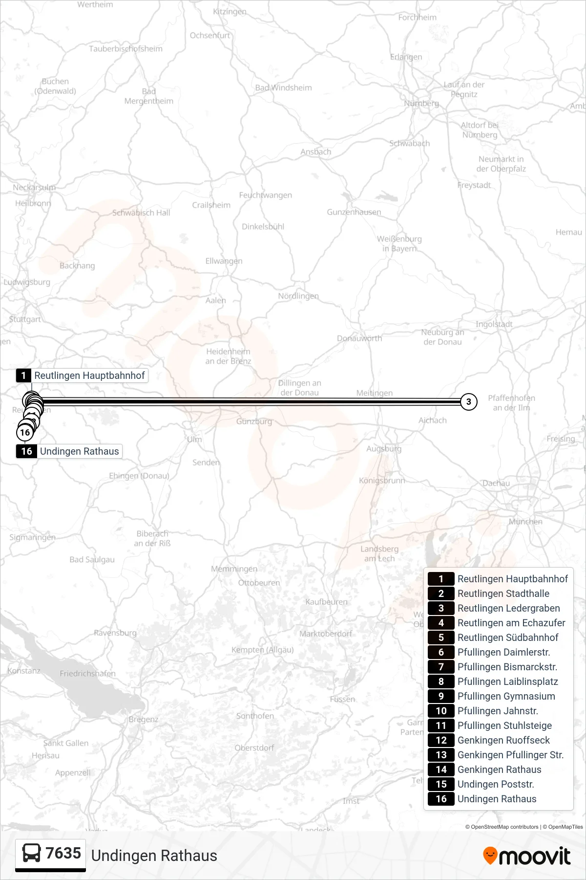 7635 bus Line (Undingen Rathaus) route and stops on a map