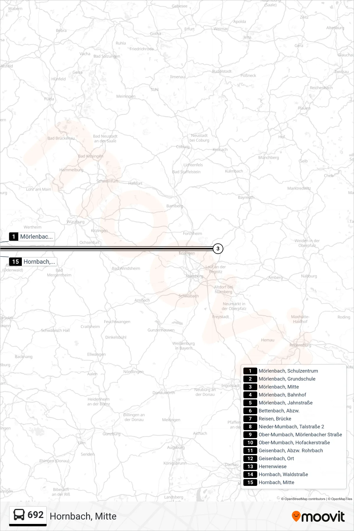 692 bus Line (Hornbach, Mitte) route and stops on a map