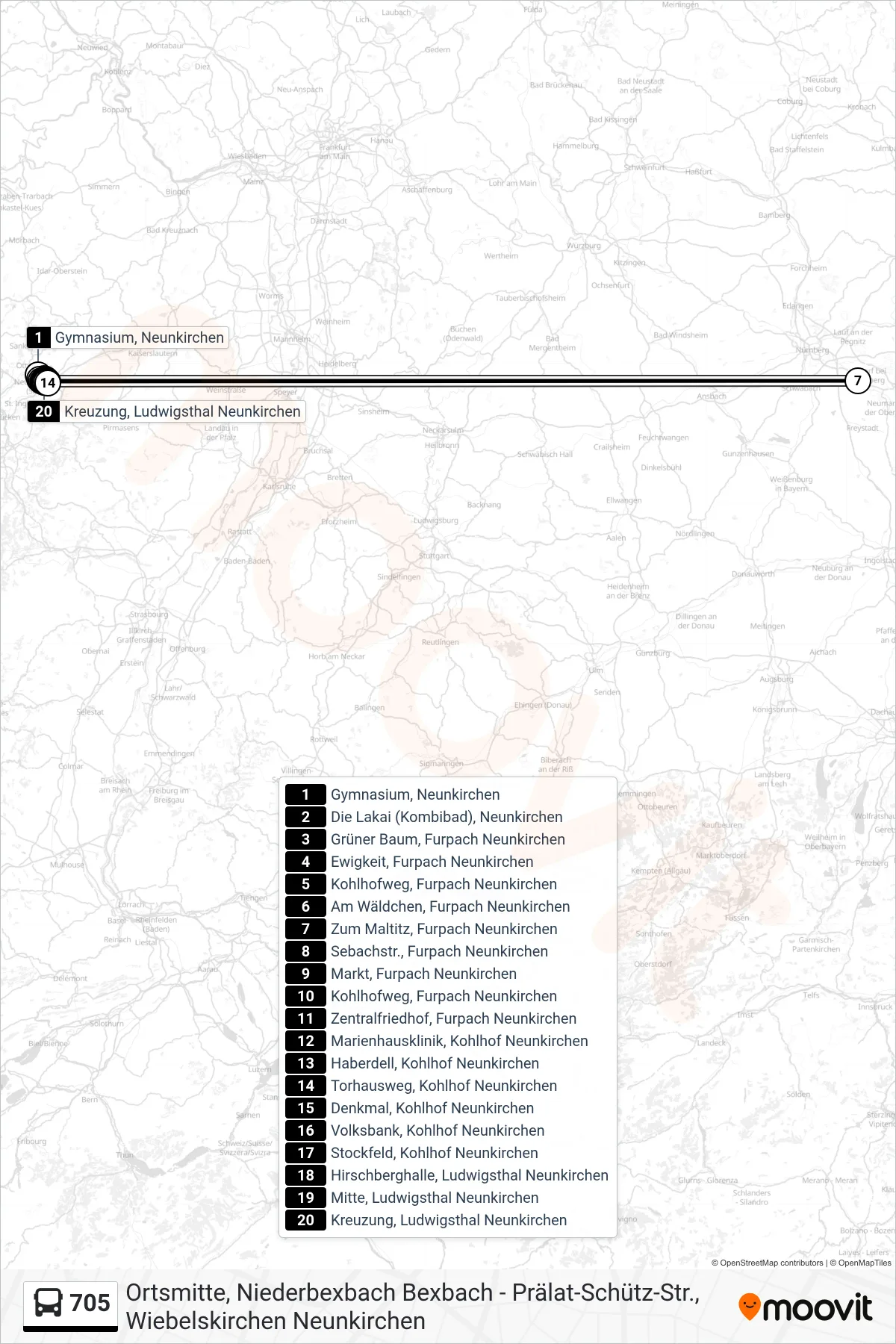705 bus Line (Ludwigsthal Kreuzung) route and stops on a map