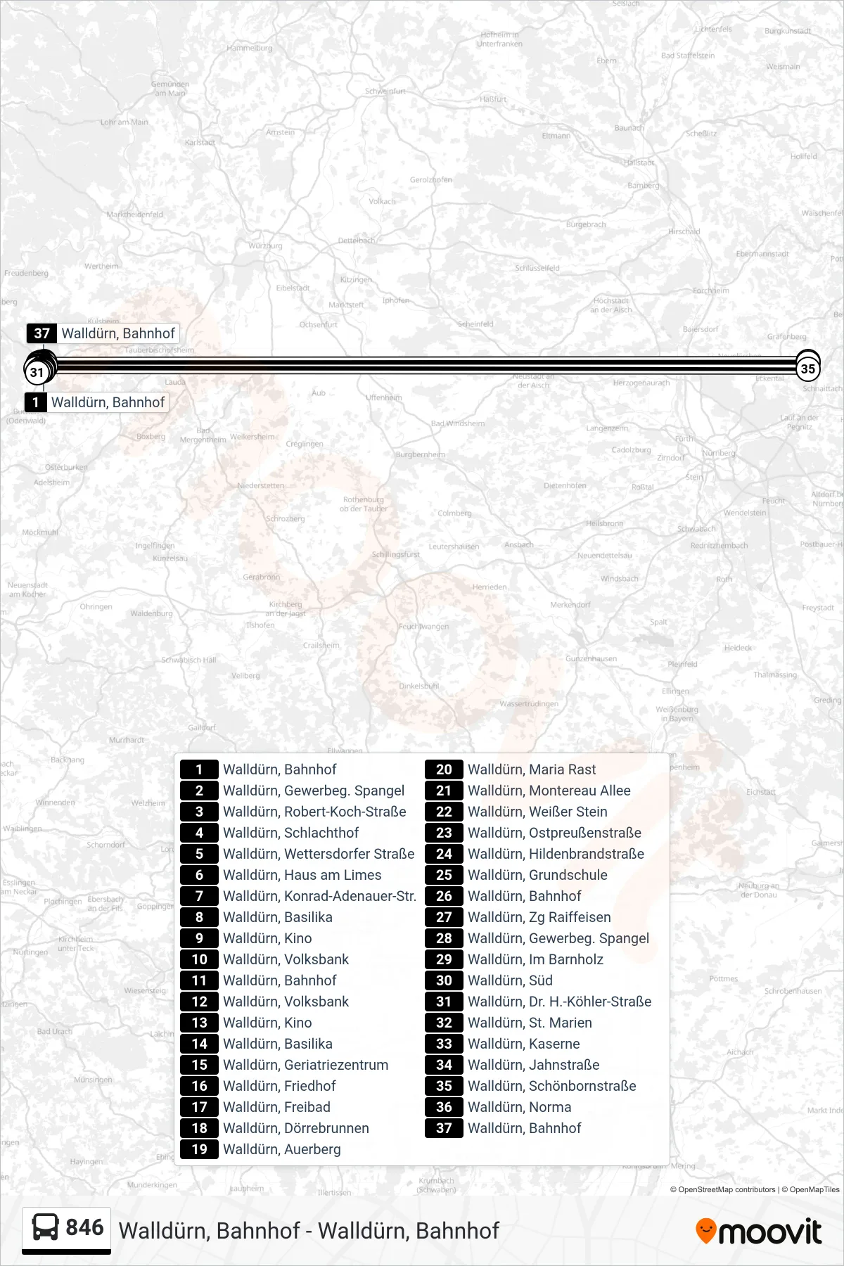 846 bus Line (Walldürn, Bahnhof) route and stops on a map