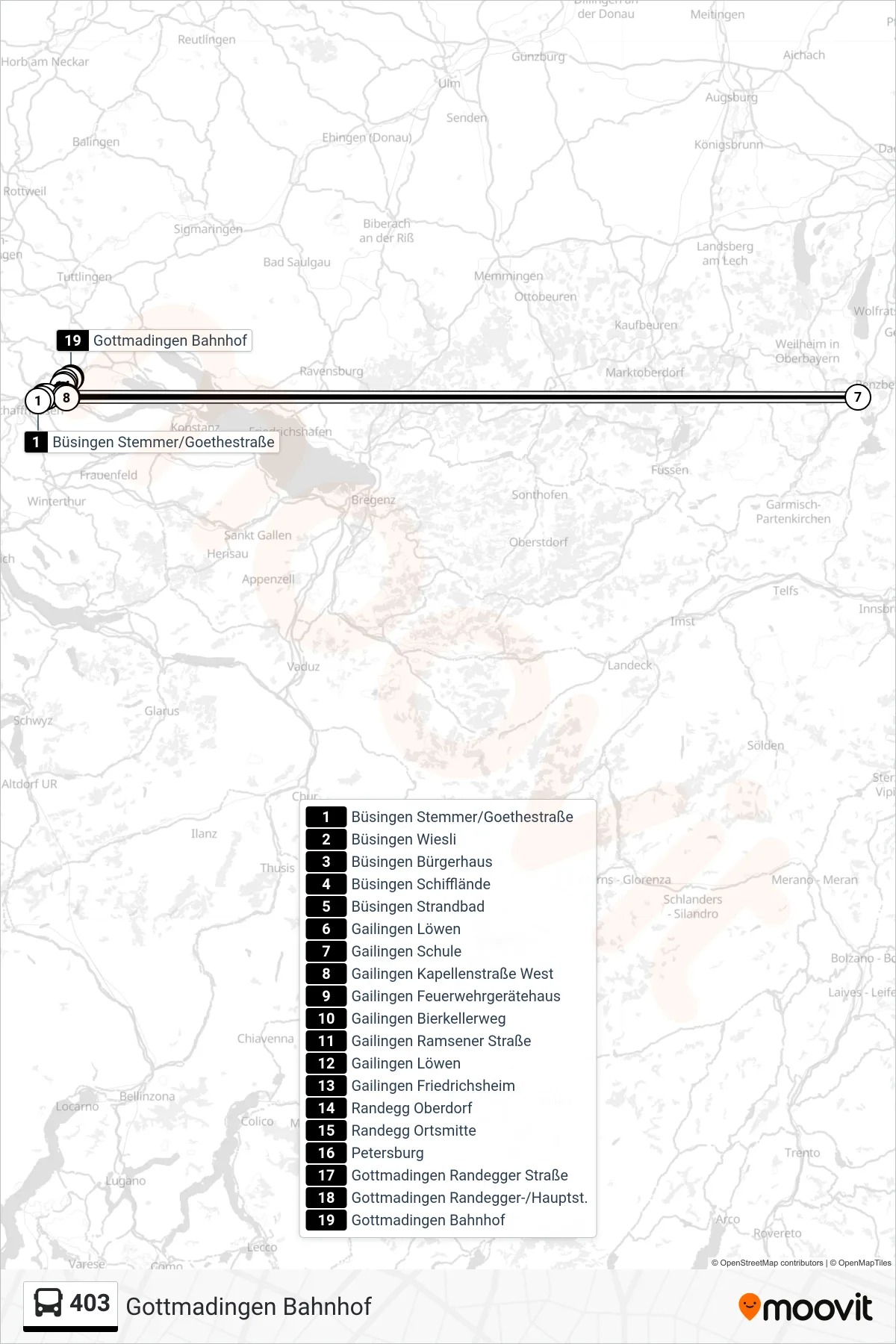 Linie 403 (Bus) Richtung Gottmadingen Bahnhof: Route und Haltestellen auf der Karte
