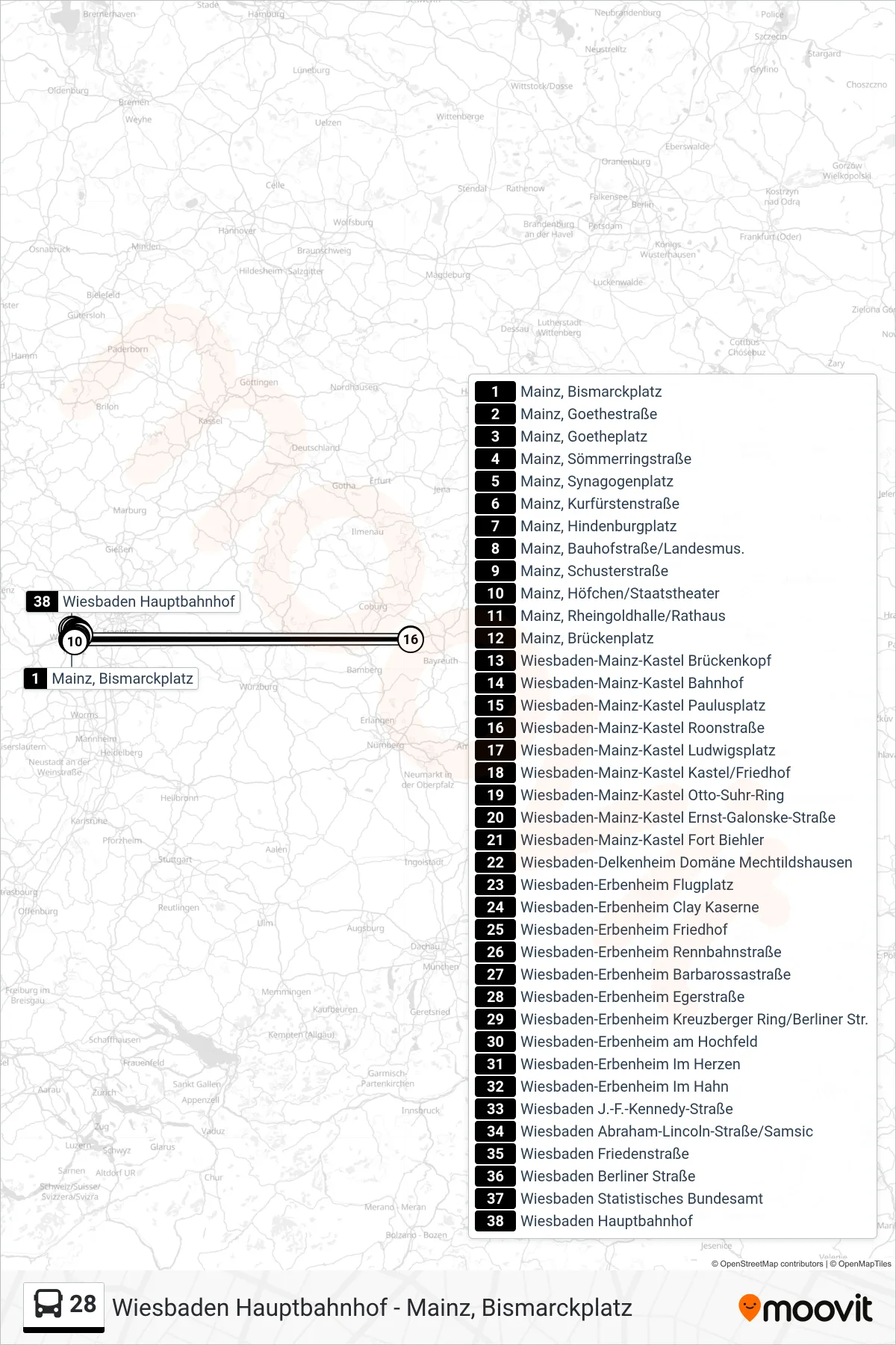 Linie 28 (Bus) Richtung Wiesbaden Hauptbahnhof: Route und Haltestellen auf der Karte