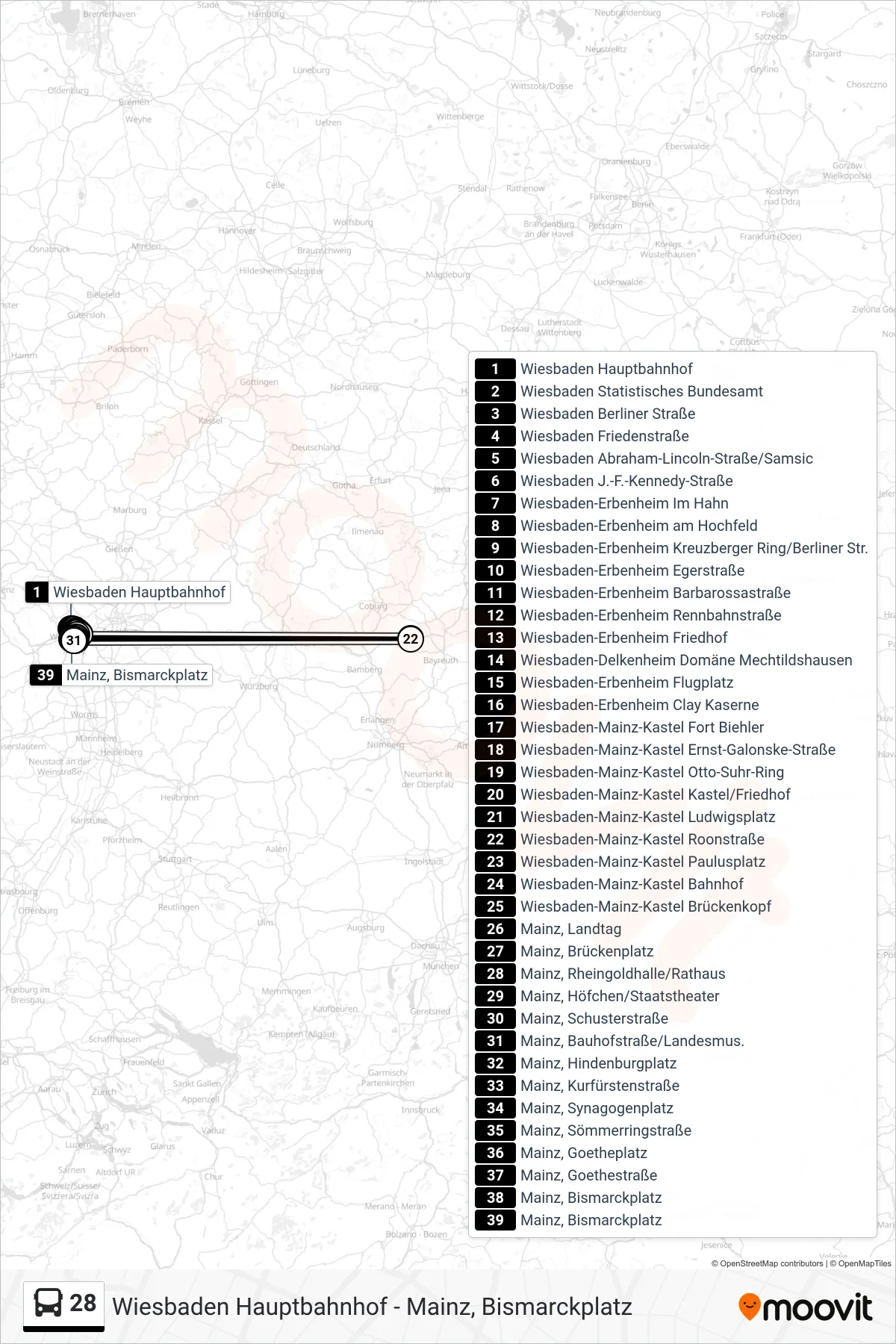 28 bus Line (Mainz, Bismarckplatz) route and stops on a map