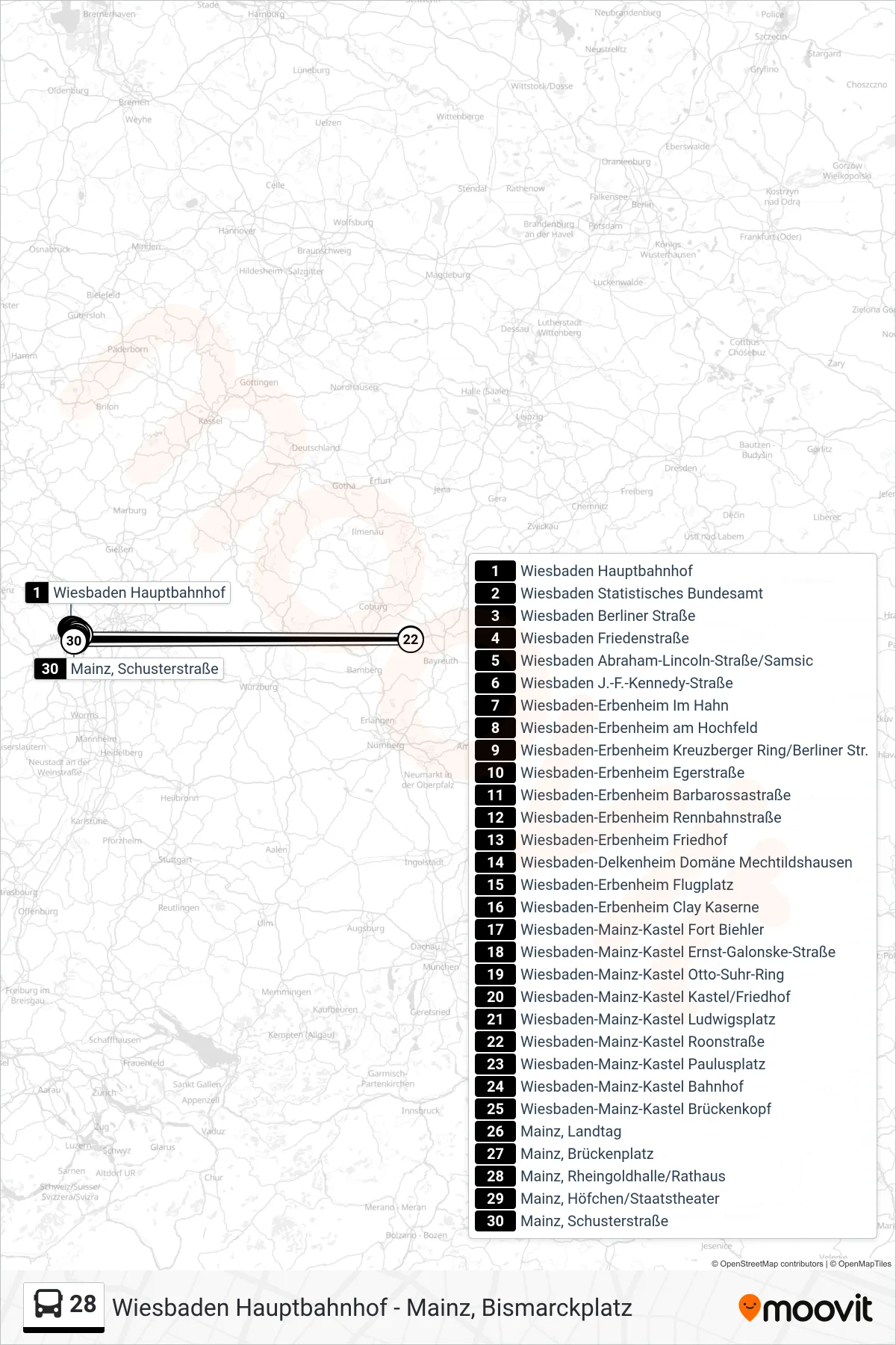 28 bus Line (Mainz, Schusterstraße) route and stops on a map
