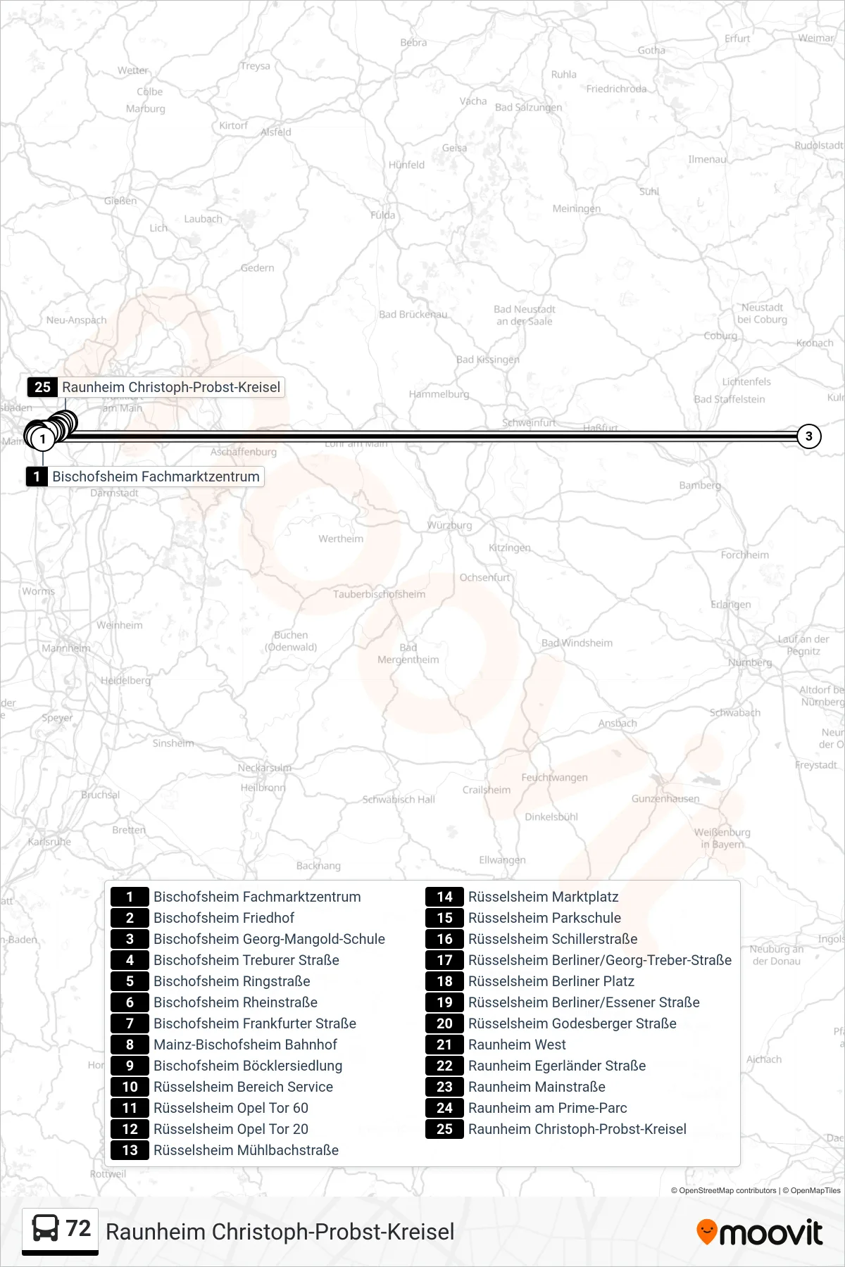 72 bus Line (Raunheim Christoph-Probst-Kreisel) route and stops on a map