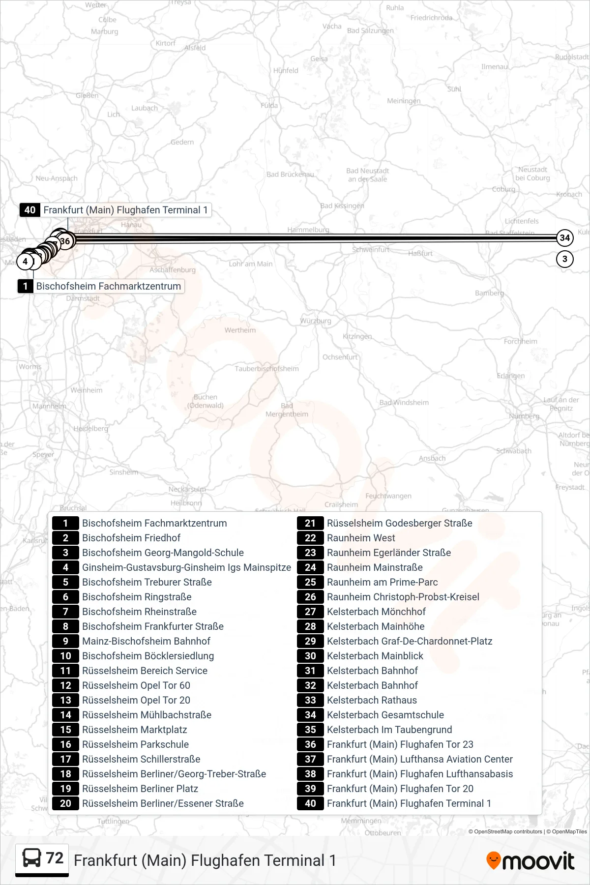 72 bus Line (Frankfurt (Main) Flughafen Terminal 1) route and stops on a map